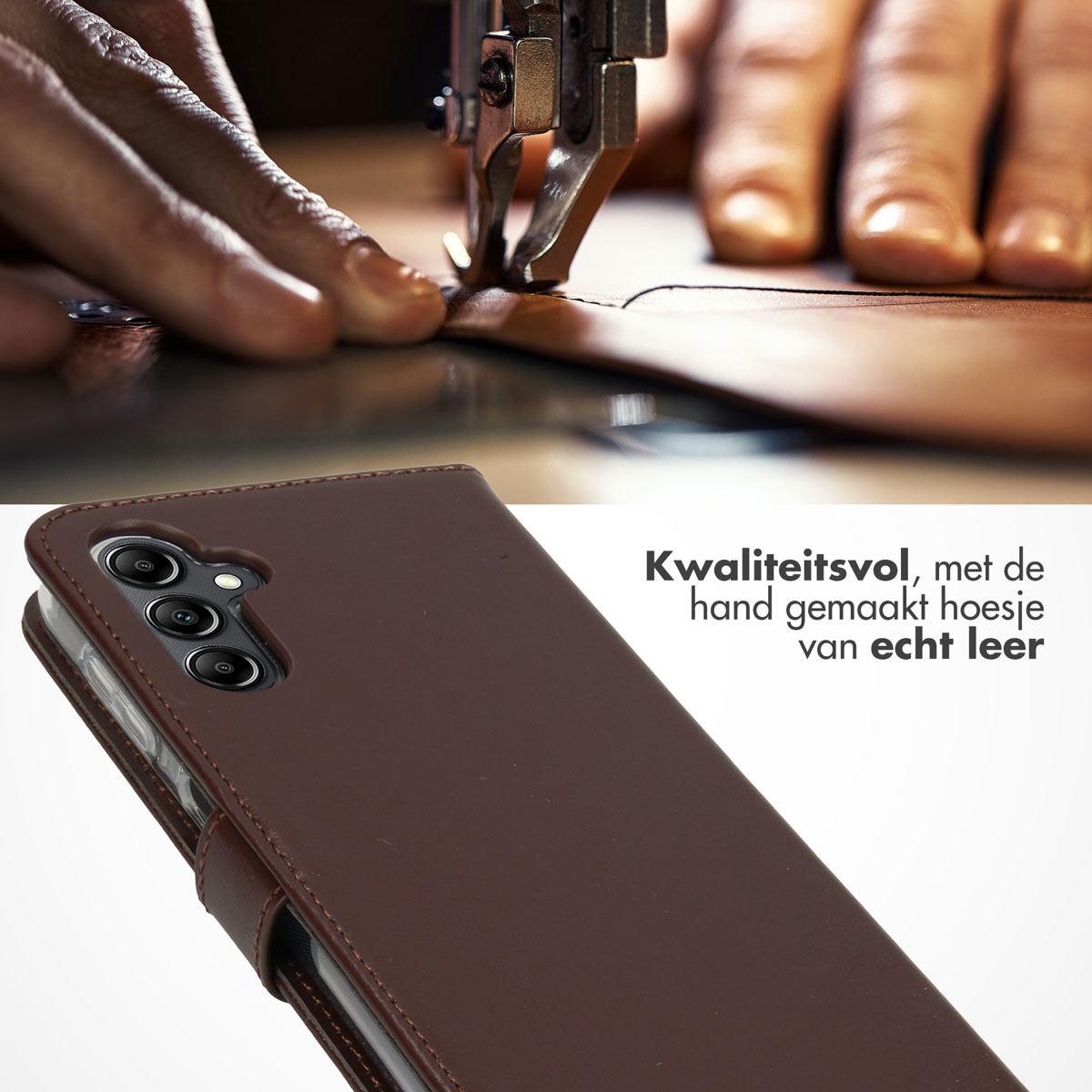 Bruine leren telefoonhoes. Een hand naait. De hoes is gemaakt van echt leer.