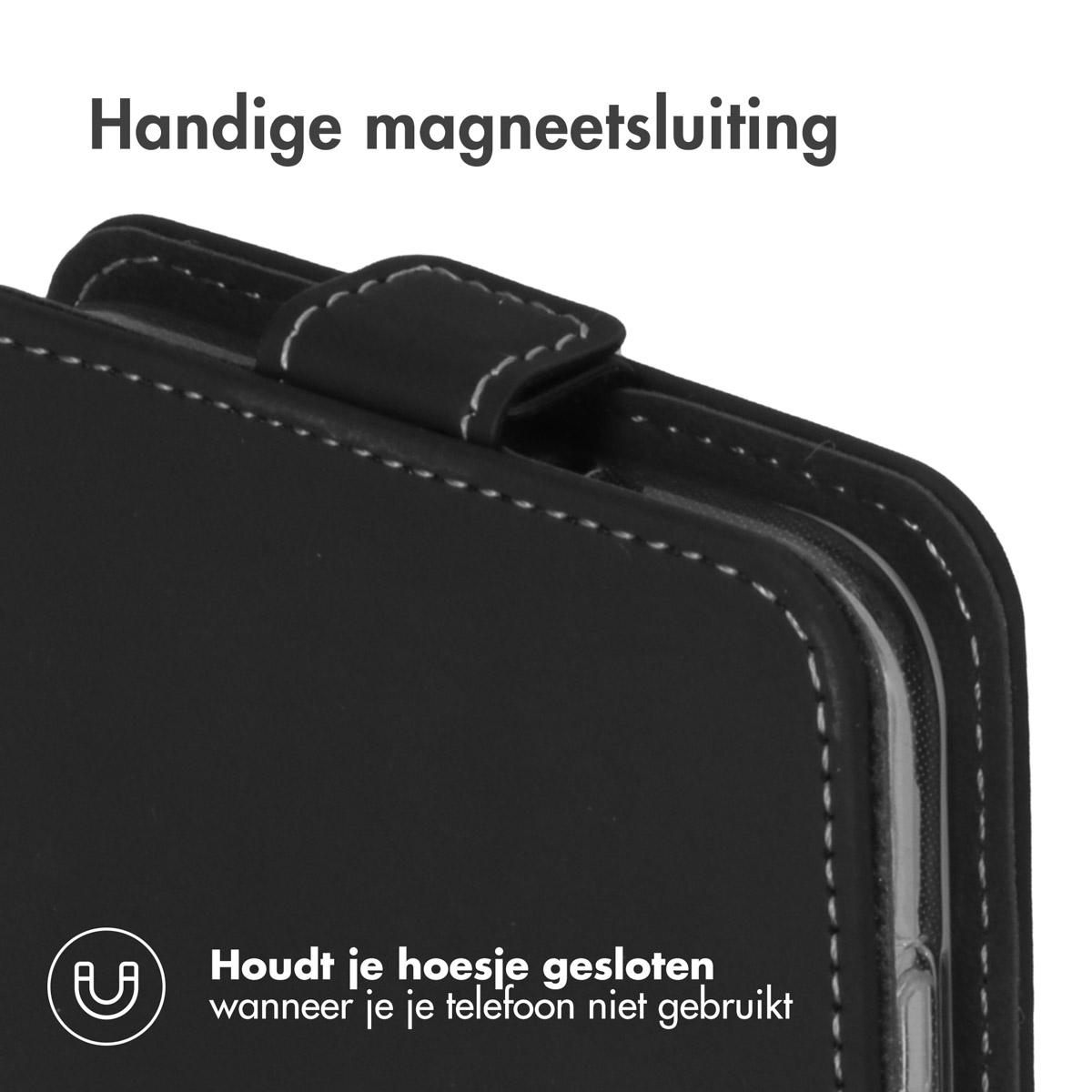 Custodia per telefono nera con chiusura magnetica. Mantiene la custodia chiusa quando il telefono non è in uso.