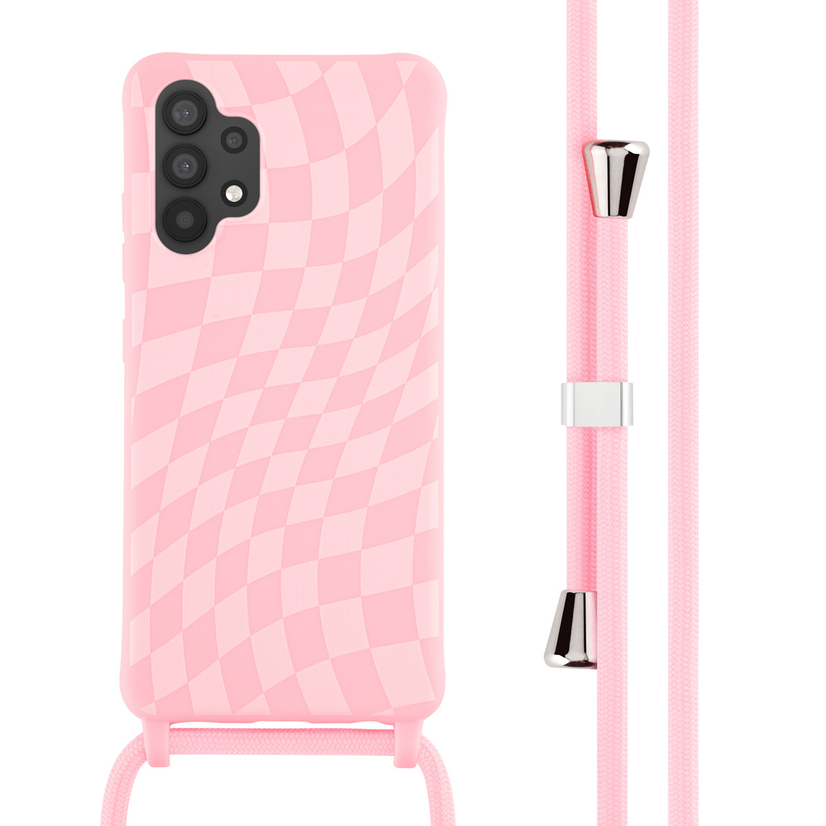 Roze telefoonhoesje met een dambordpatroon. De telefoon heeft een roze koord.