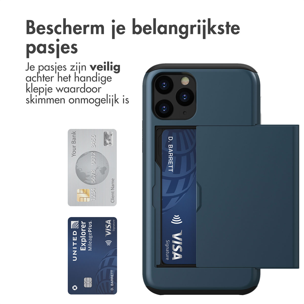 Telefoonhoesje met kaartsleuven, met kaarten. Twee creditcards zichtbaar.