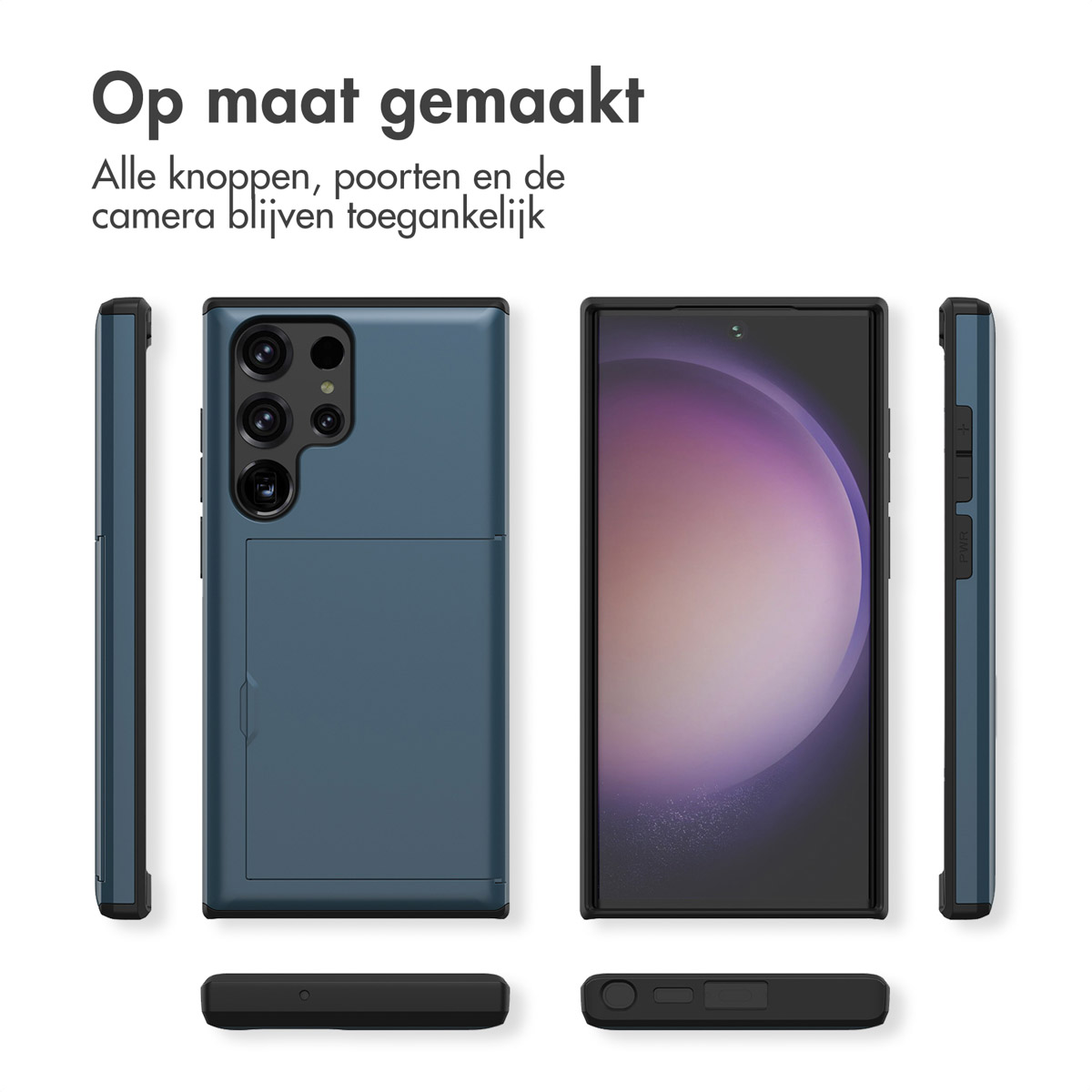 Une coque de téléphone bleue avec fente pour carte montrée sous plusieurs angles.