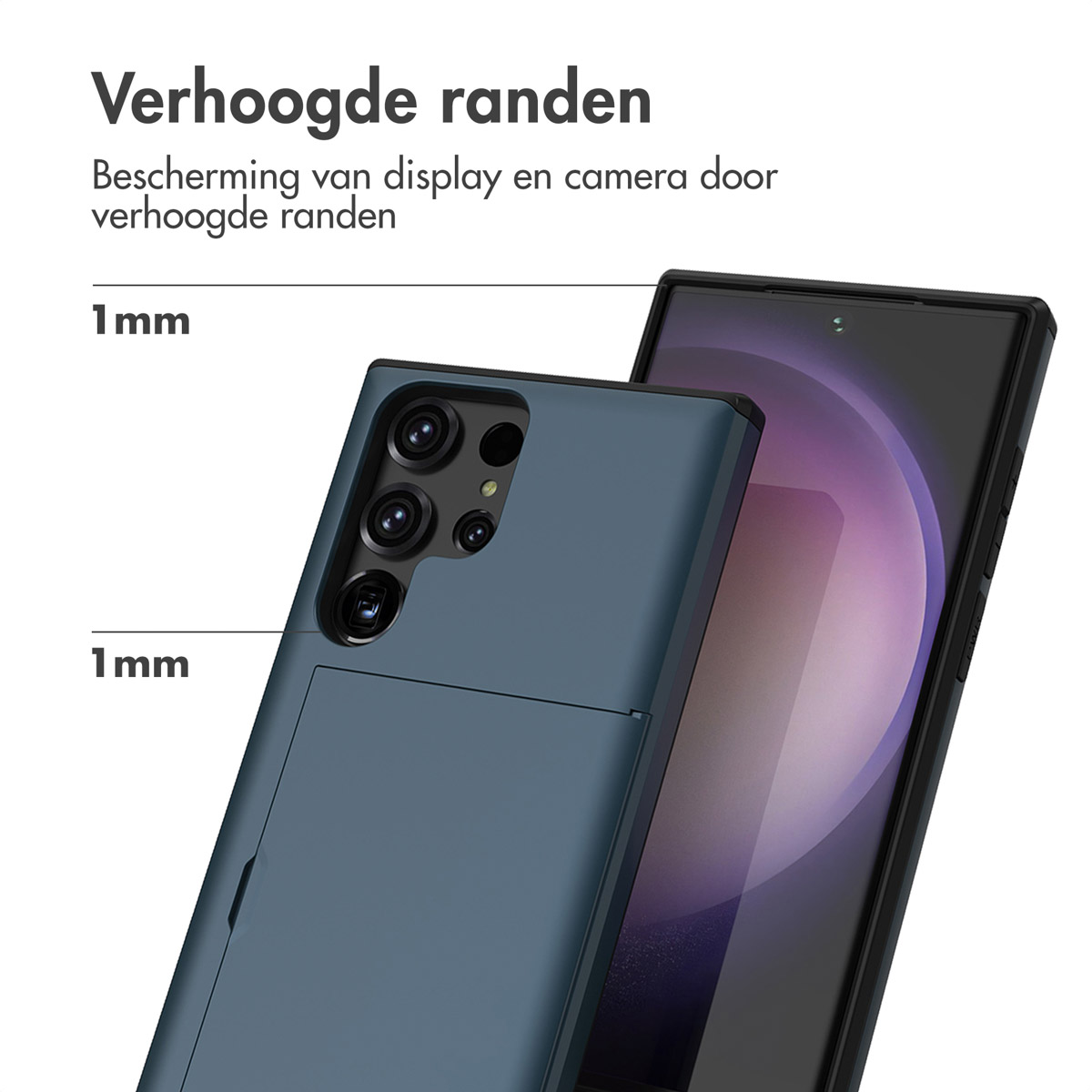 Coque de téléphone bleue avec bords surélevés de 1 mm pour protéger écran et appareil photo.