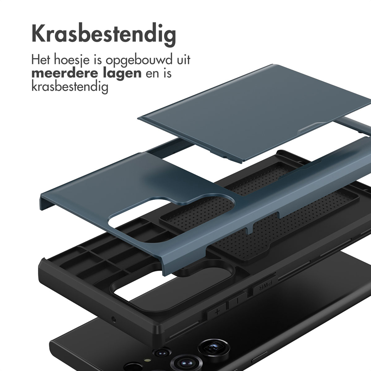 Vue éclatée d'une coque de téléphone multicouche résistante aux rayures.
