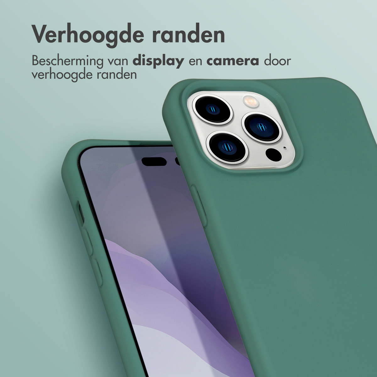 Grüne Handyhülle mit einem Telefon darin. Die Hülle hat drei Kameraausschnitte.