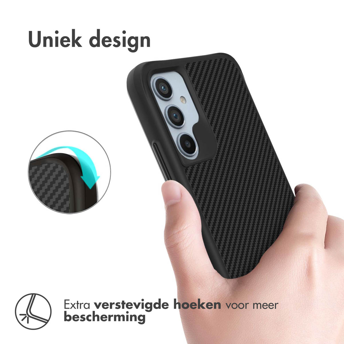 Zwarte telefoonhoes met koolstofvezel design, versterkte hoeken.