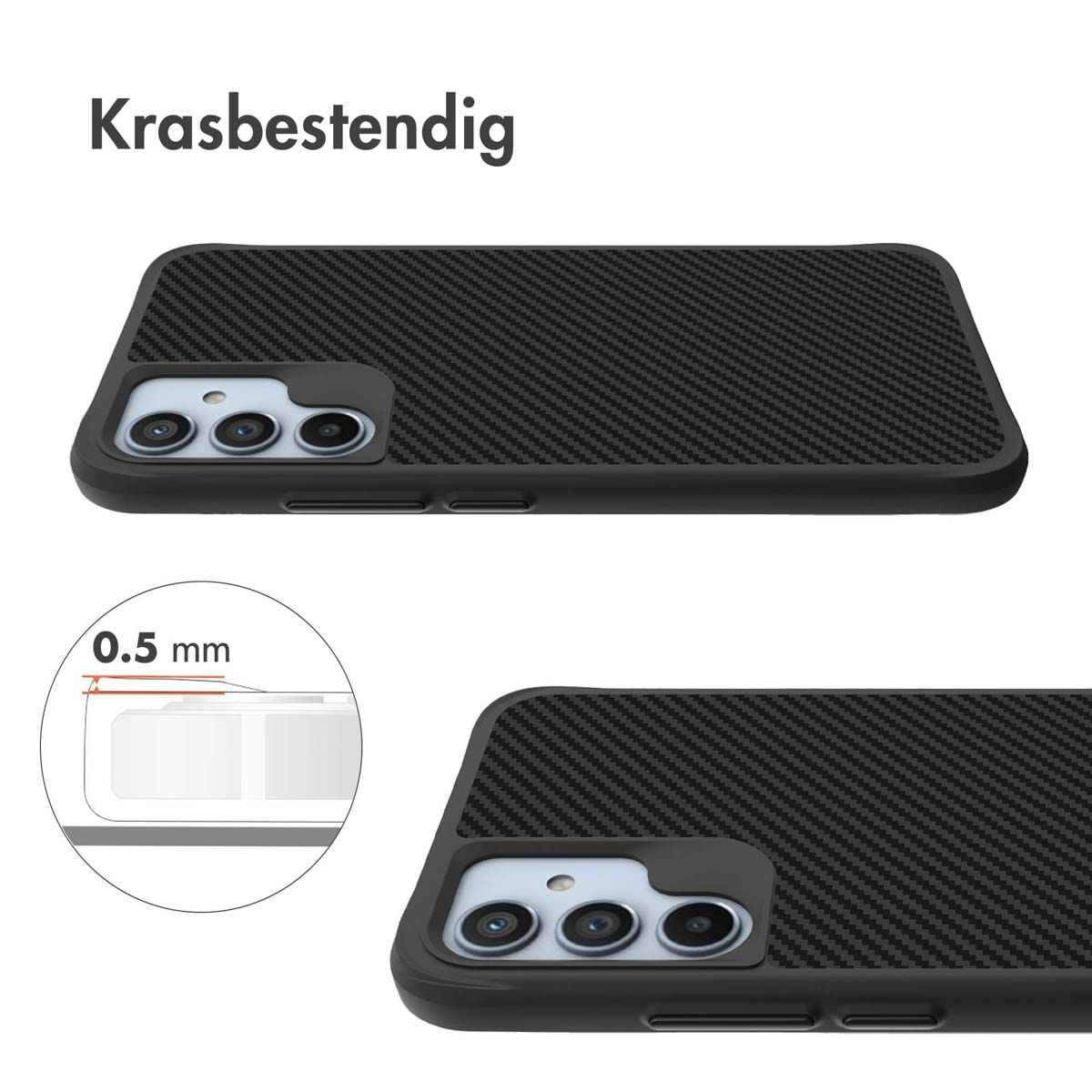 Twee telefoonhoesjes in vogelperspectief. De hoes heeft een koolstofvezeltextuur.