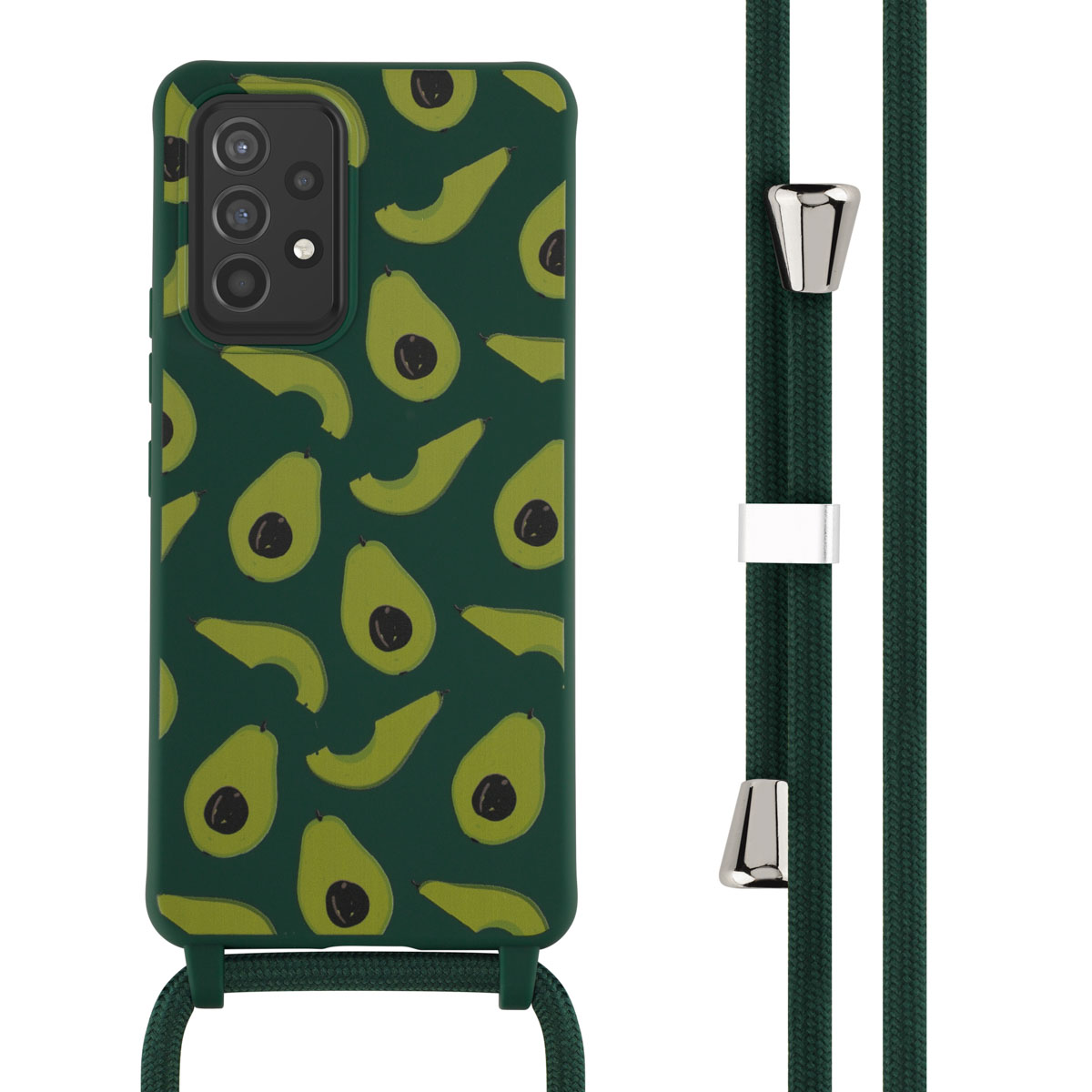 Coque de téléphone verte avec motif d'avocat et lanière verte assortie.