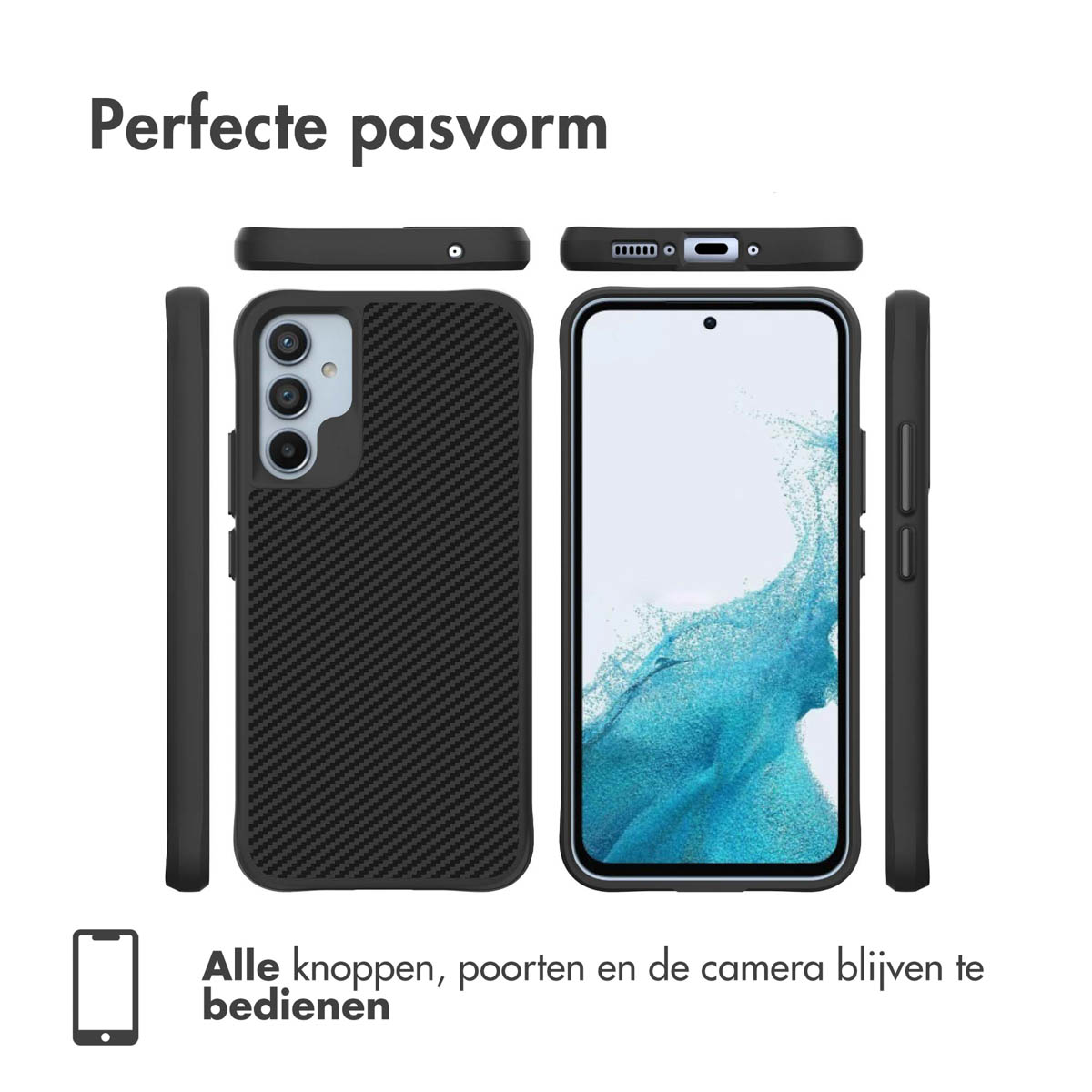 Een zwarte telefoonhoes met een textuur op de achterkant. Toont de telefoon en de hoes vanuit meerdere hoeken.