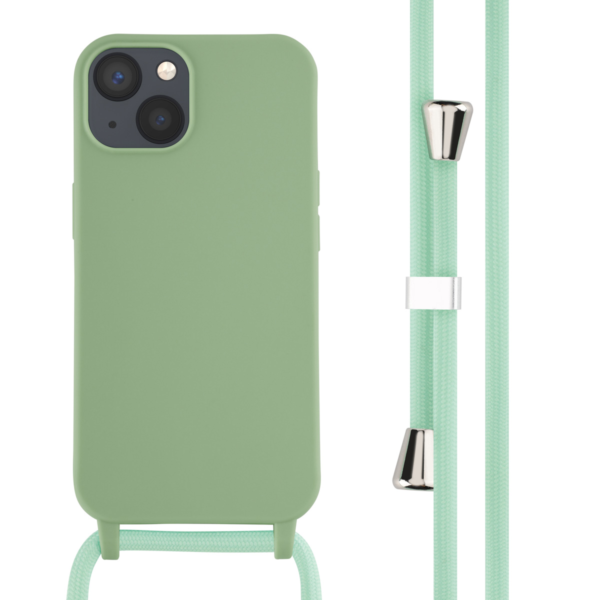 Coque de téléphone verte avec cordon vert. Accents argentés sur le cordon.
