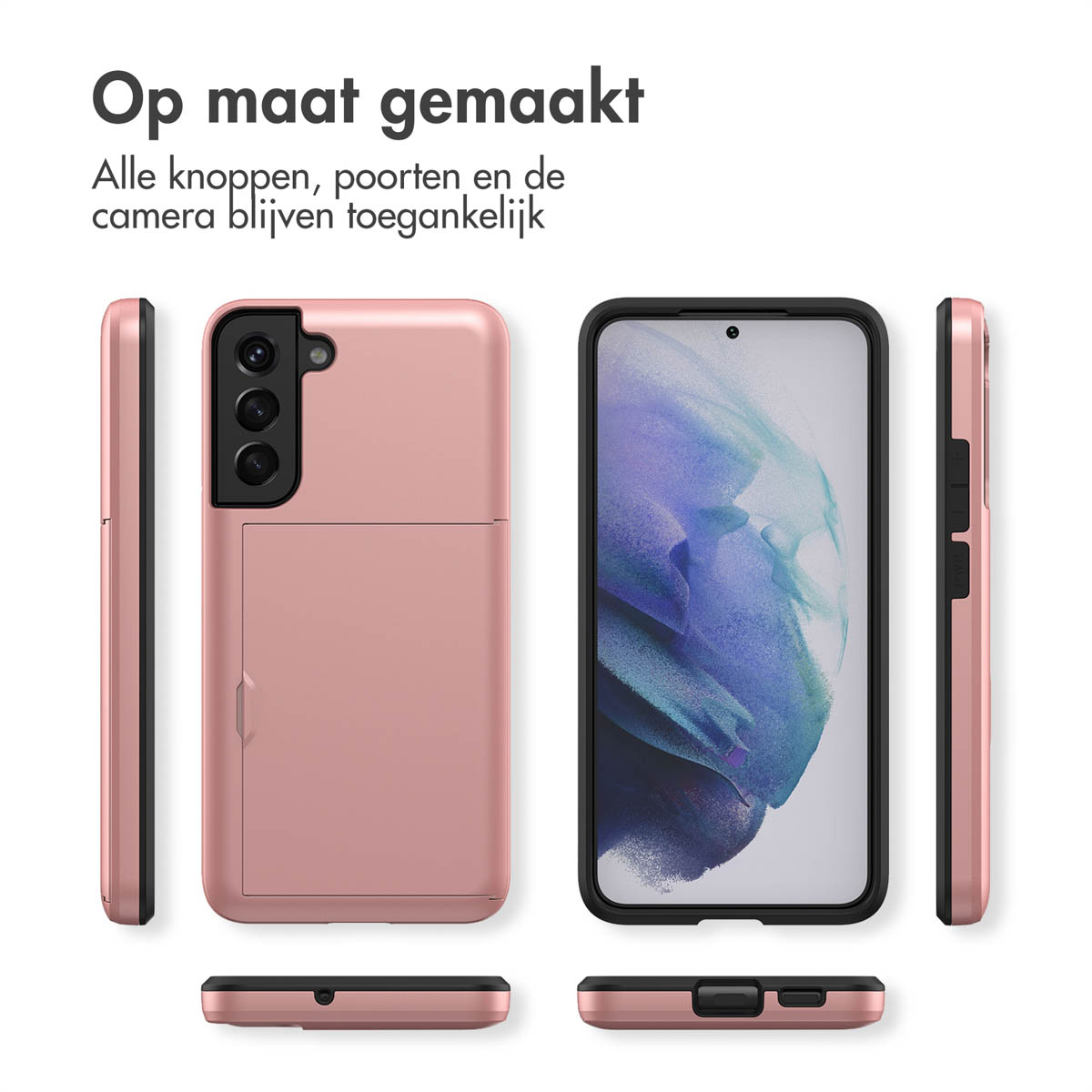 Roze telefoonhoesje met kaarthouder, voor-, achter- en zijaanzicht.