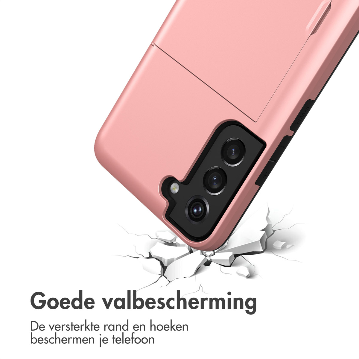 Een roze telefoonhoesje met telefoon erin, gebarsten witte grond. Tekst: Goede valbescherming.