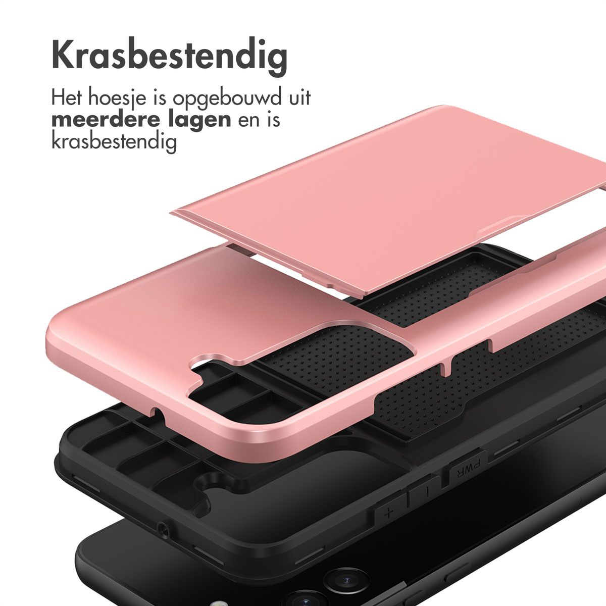 Exploded view van een roségouden telefoonhoesje, met meerdere lagen.