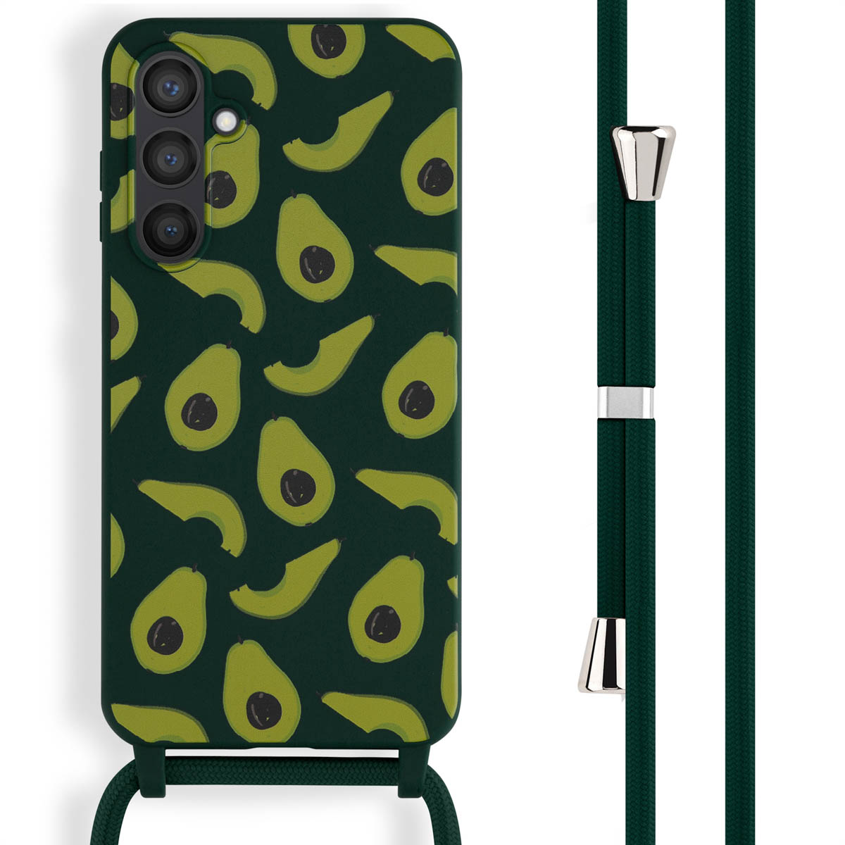 Groen telefoonhoesje met avocado-patroon en groene band. De band heeft zilverkleurige details.