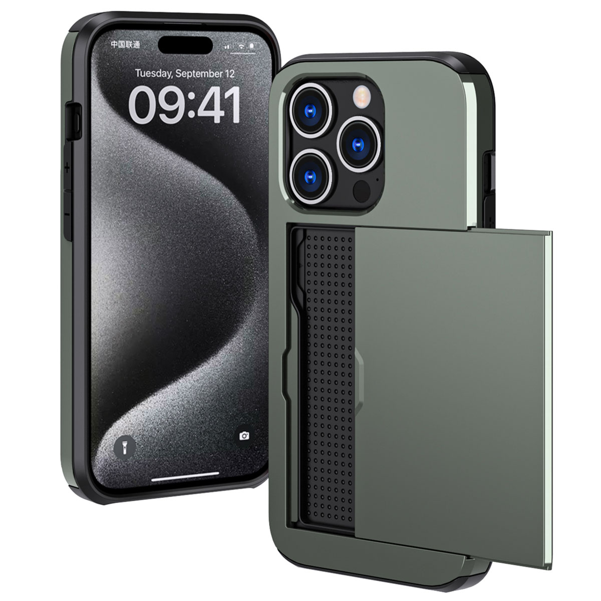 Groene telefoonhoes met een telefoon. De tijd is 09:41. Toont een kaarthouder.