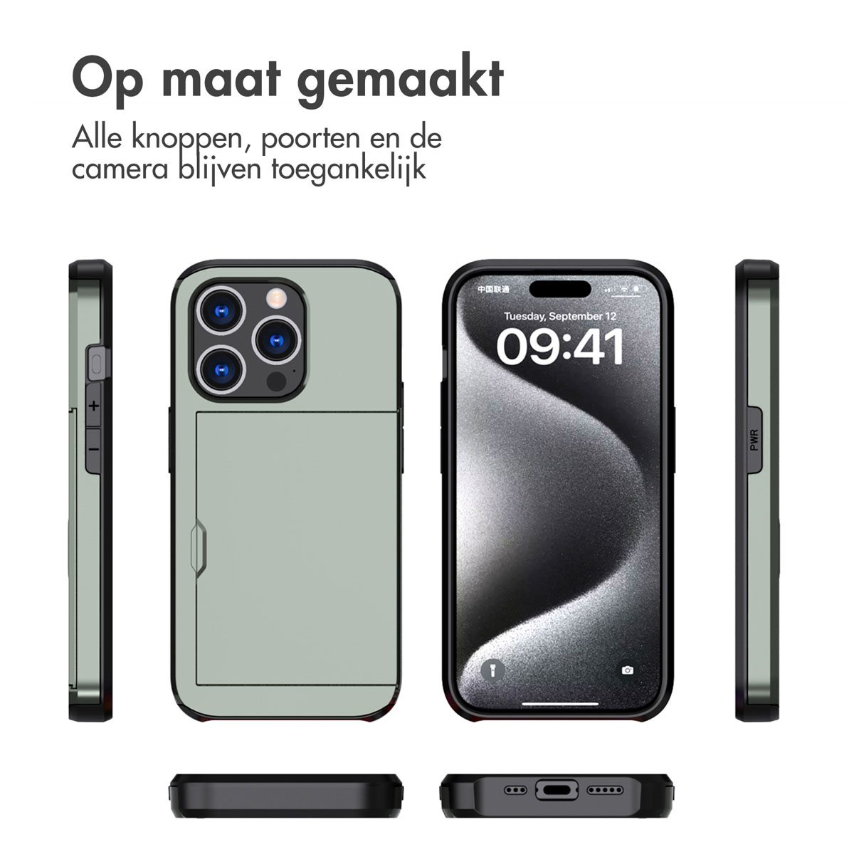 Telefoon met een groene hoes met kaartsleuf. Het telefoonscherm staat aan.