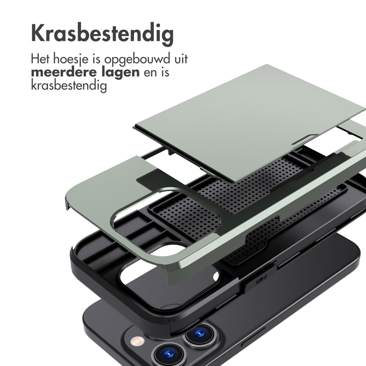 Telefoonhoeslagen worden getoond, in groen en zwart. De hoes is gedemonteerd.