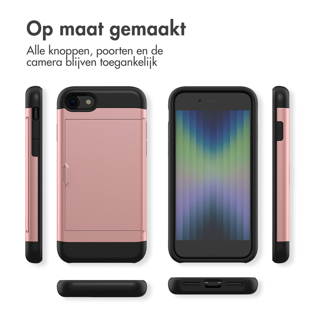 Een roségouden telefoonhoesje getoond van voren, achteren en zijkanten. Telefoon zichtbaar.