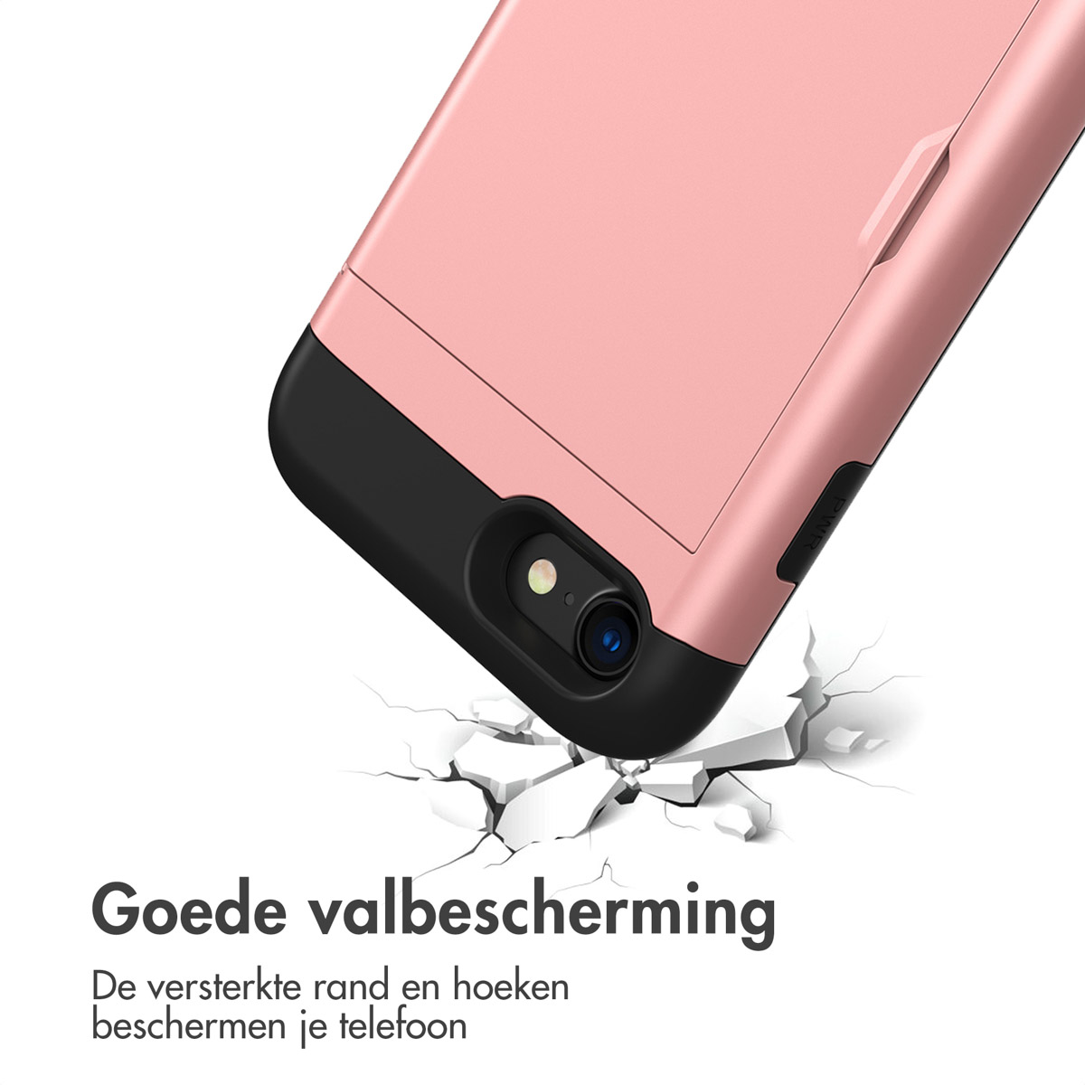 Telefoonhoes met een barsteffect, liggend op een wit oppervlak. Tekst: 'Goede valbescherming'.
