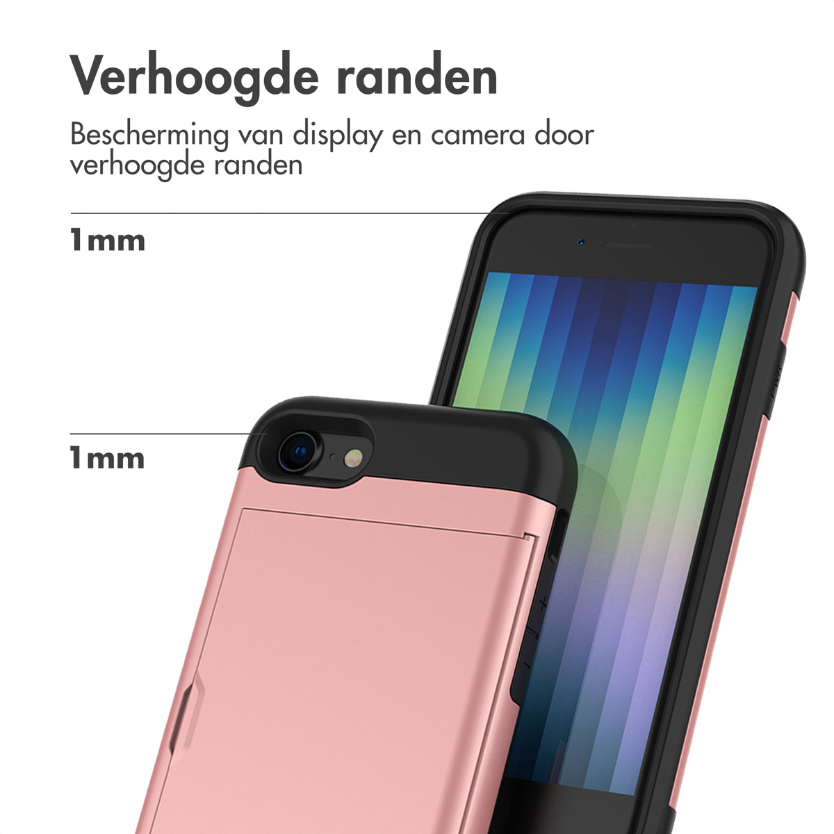Twee telefoonhoesjes, een roze en een zwarte, met 1 mm verhoogde randen.