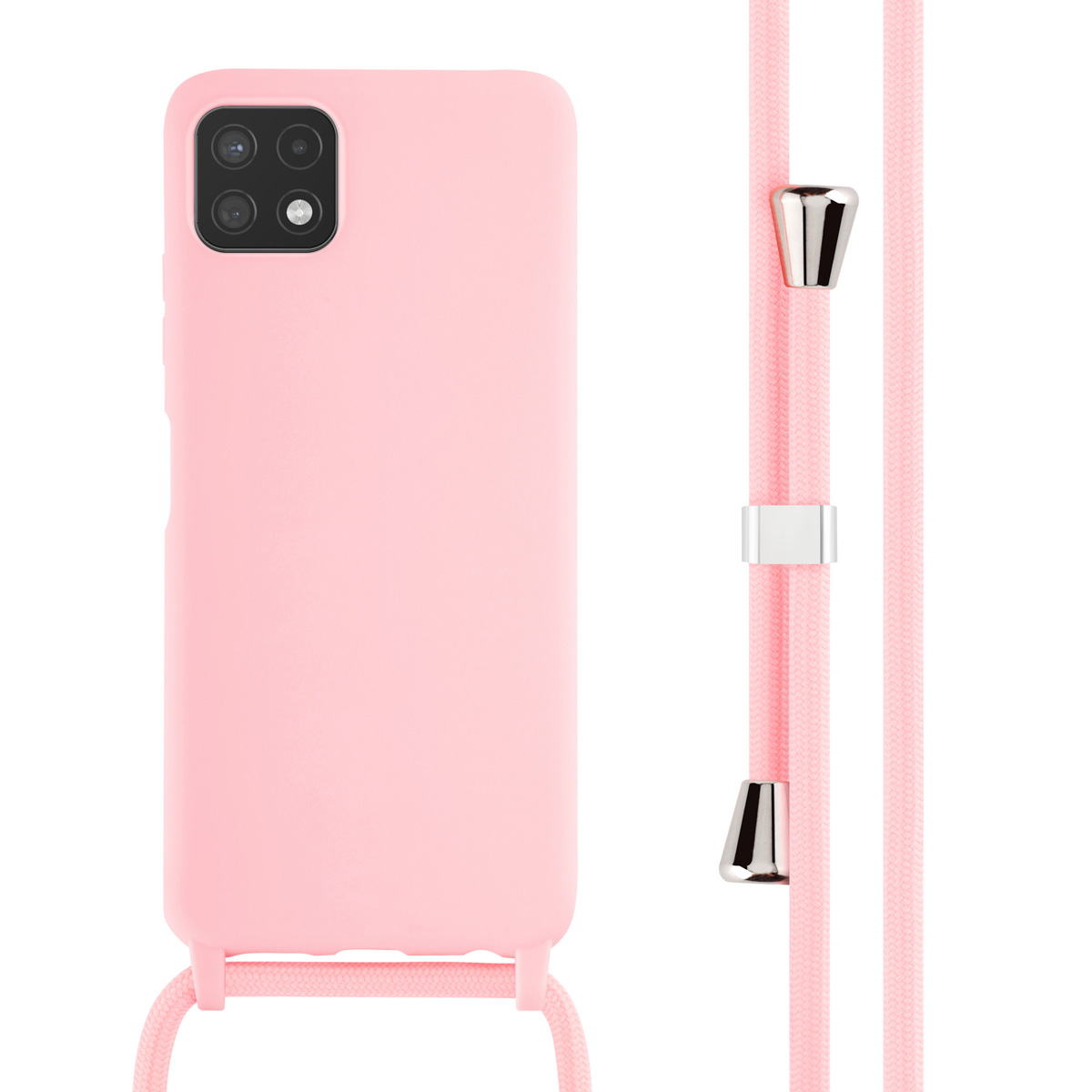 Een roze telefoonhoesje met een roze koord. Het koord heeft zilveren accenten. De achtergrond is wit.