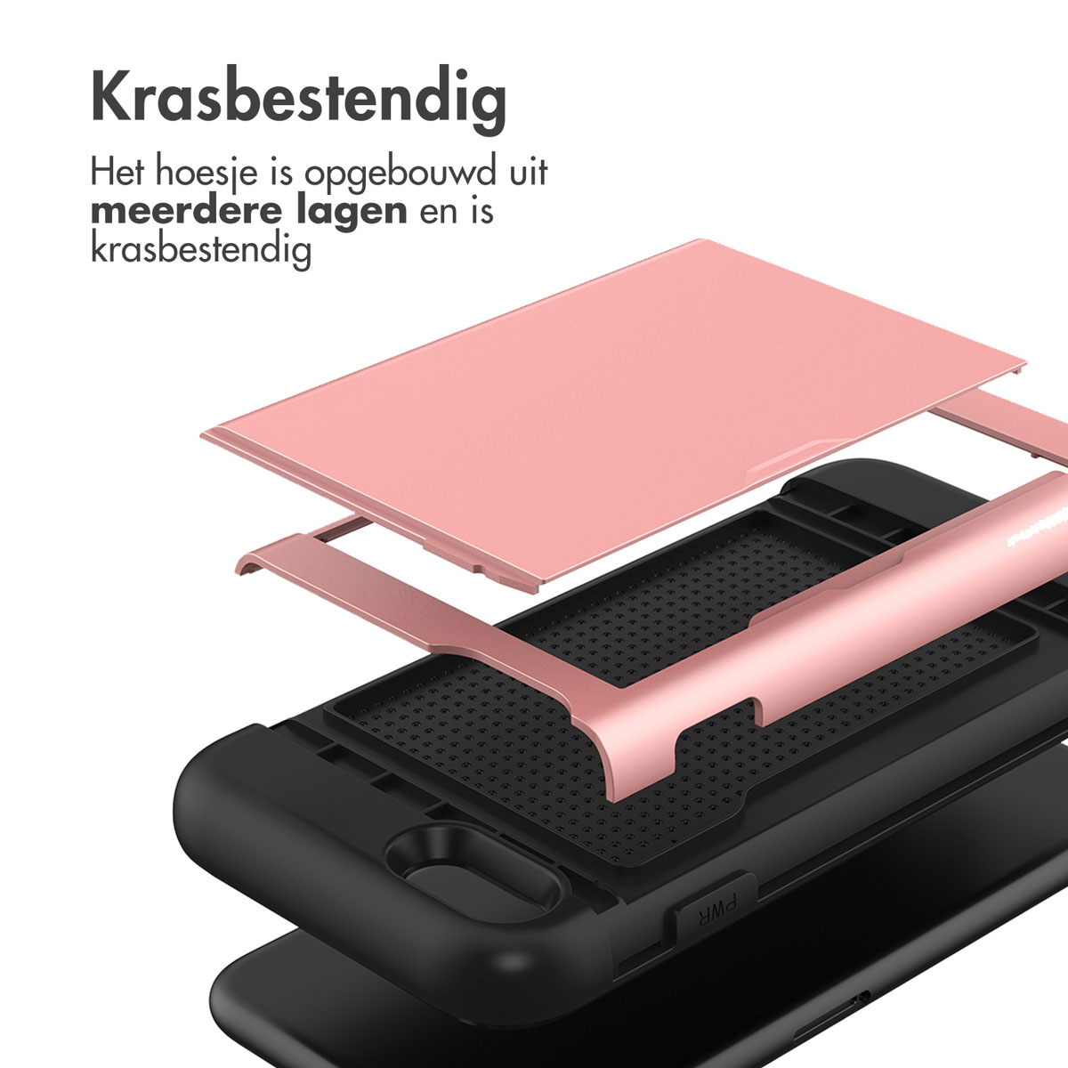Explosie weergave van een roségouden telefoonhoes met meerdere lagen.