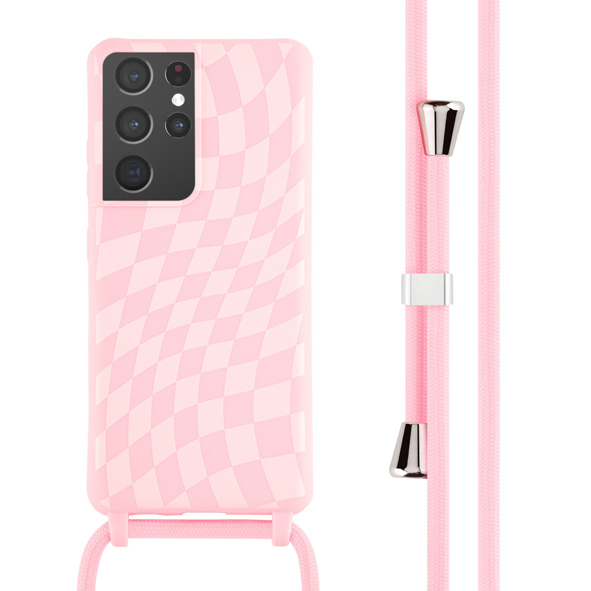 Roze telefoonhoesje met dambordpatroon, roze koord met zilveren details.