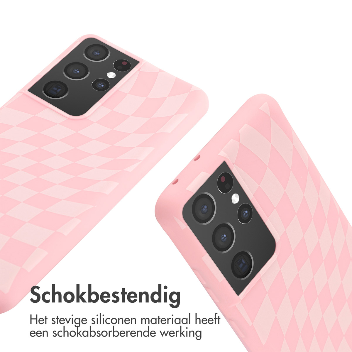 Twee roze telefoonhoesjes met ruitpatroon en cameramodule in detail.