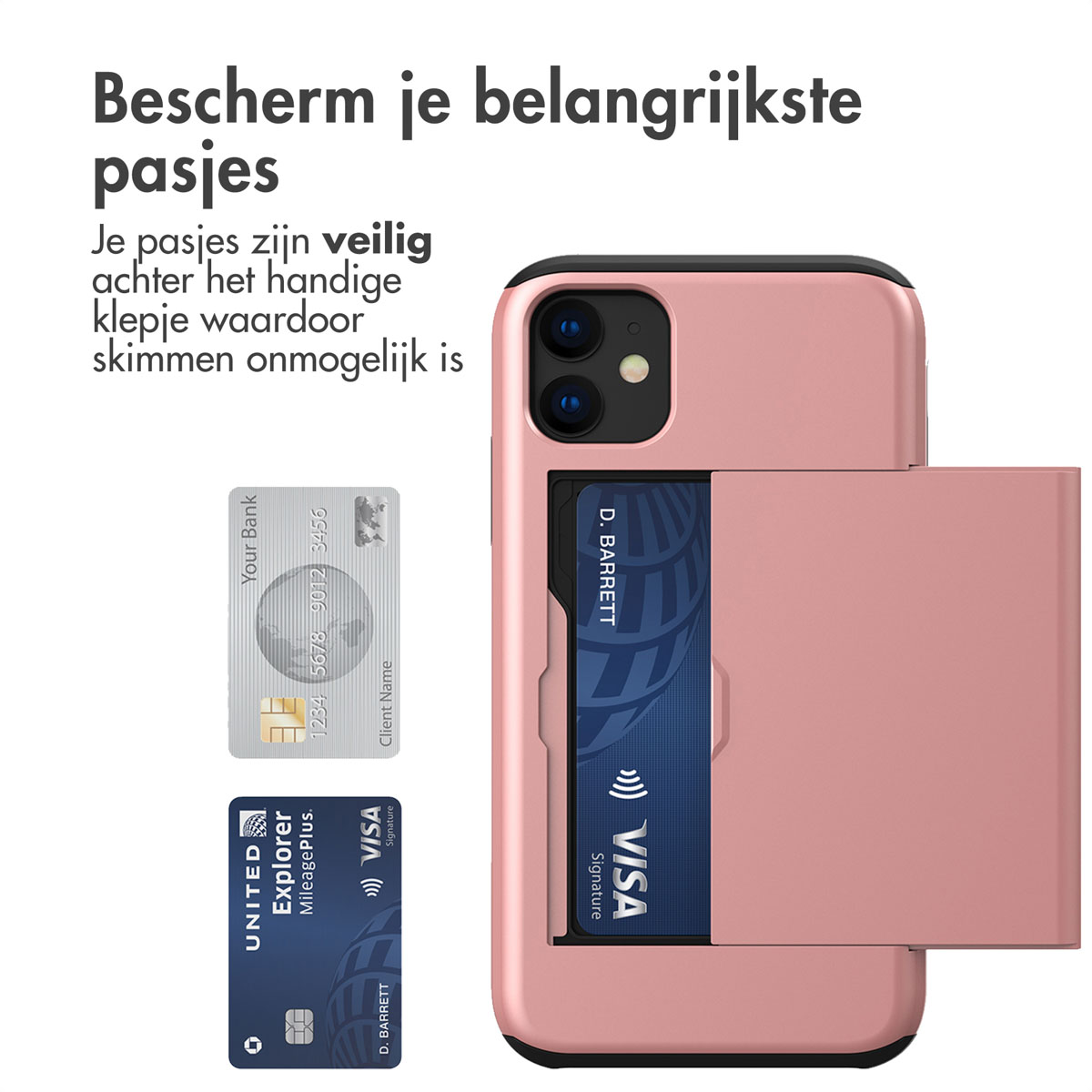 Roségouden telefoonhoes met kaartsleuven met creditcards.