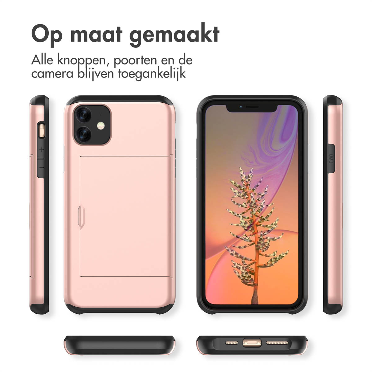Coque rose avec téléphone. Vues de dessus, dessous et côtés.