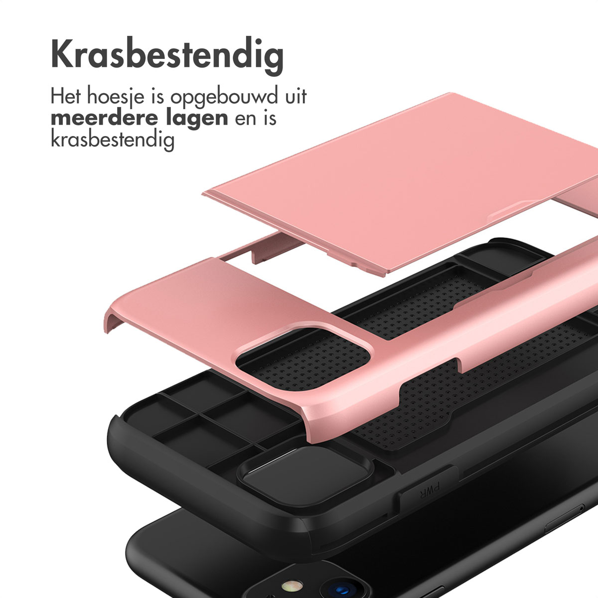 Couches de l'étui: rose en haut, noir au milieu et base du téléphone noire. L'étui est résistant.