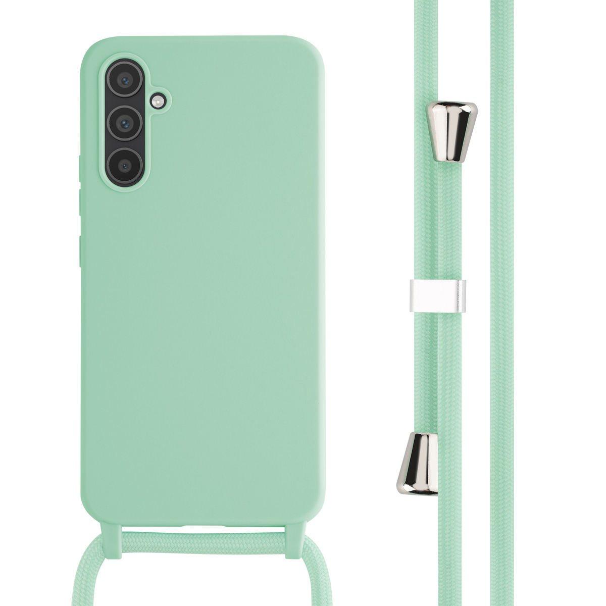 Mintgroene telefoonhoes en koord met zilveren hardware. De telefoon is leeg.