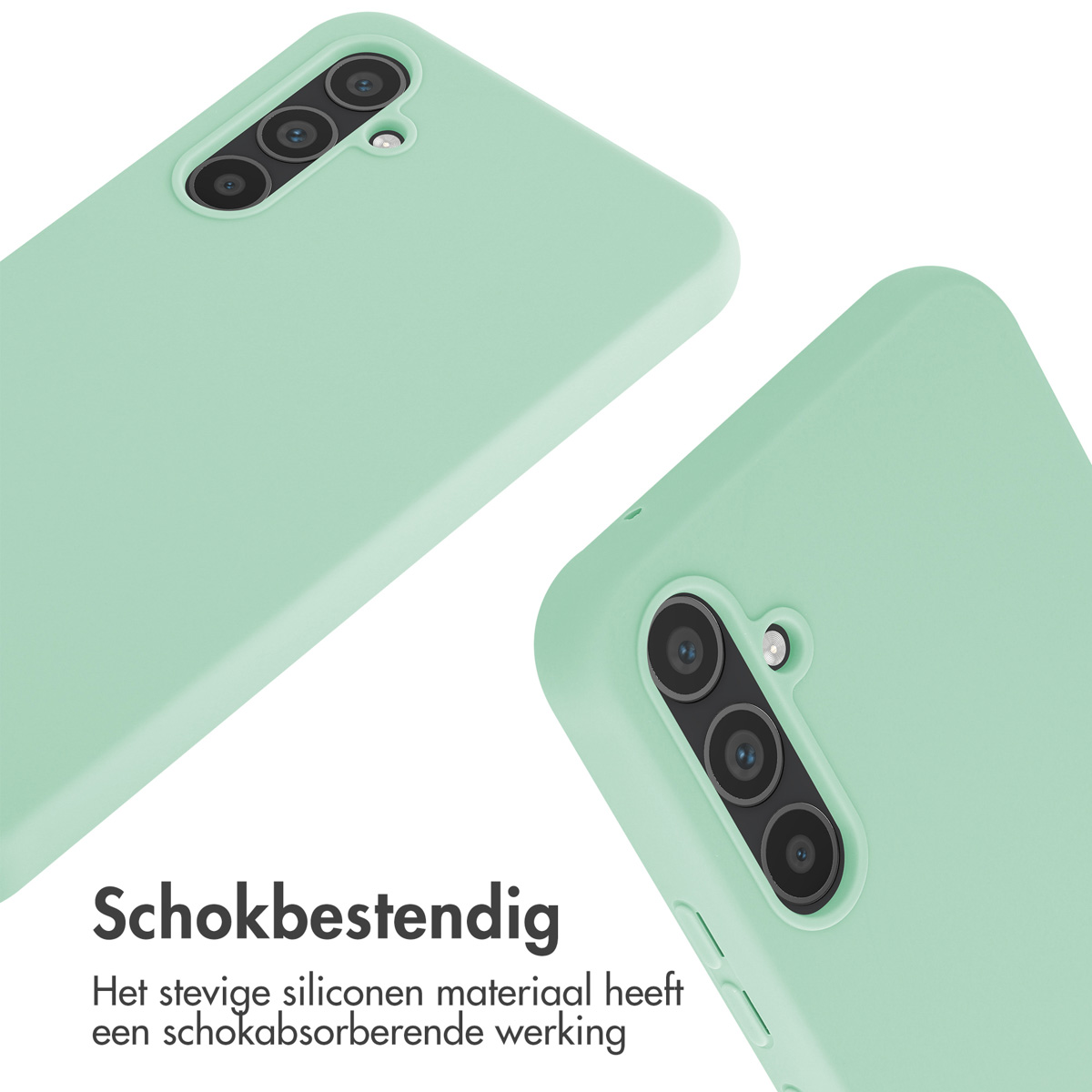 Twee turkooizen telefoonhoesjes met camerauitsparing op witte achtergrond.