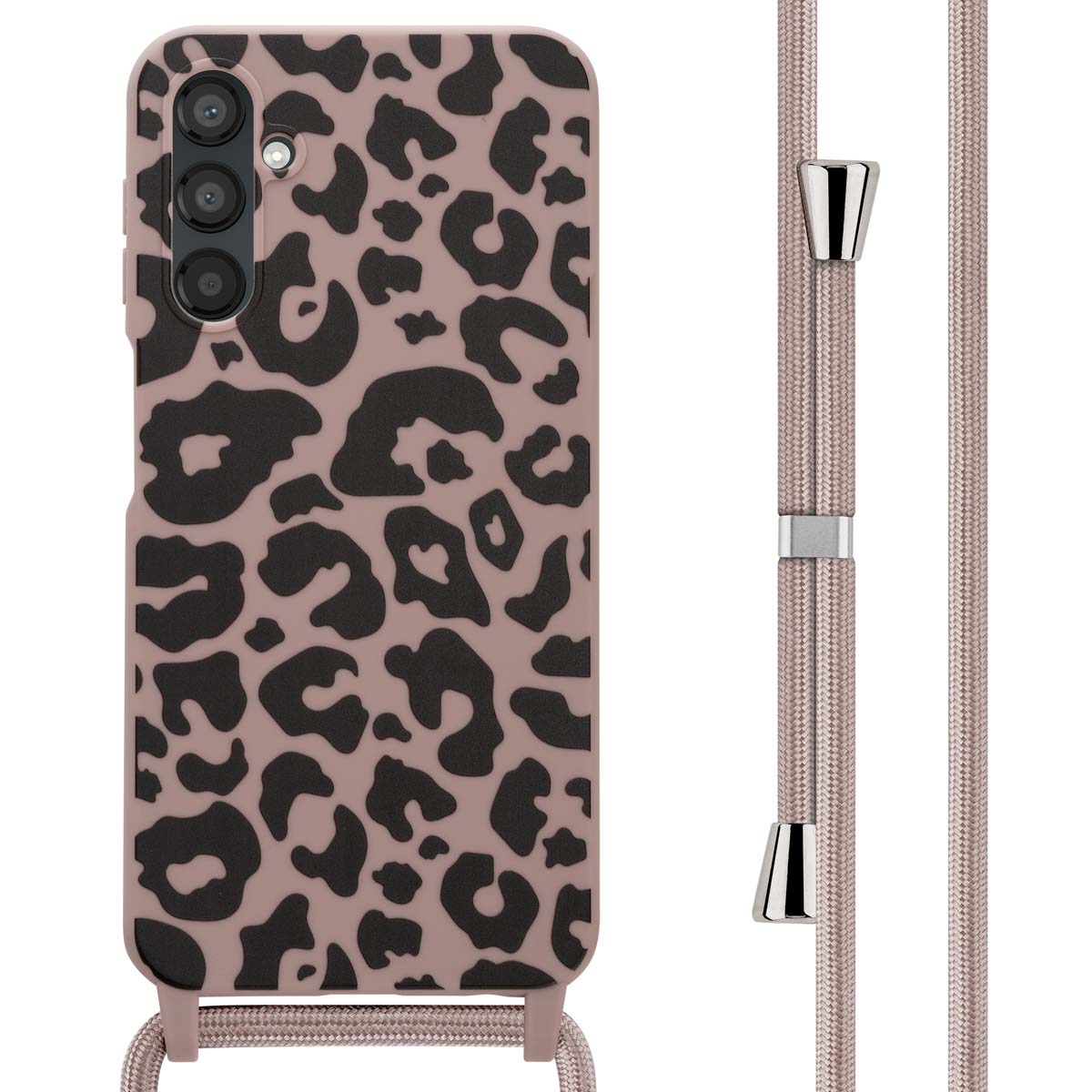 Roze telefoonhoesje met een luipaardprint, heeft een roze koord. Witte achtergrond.