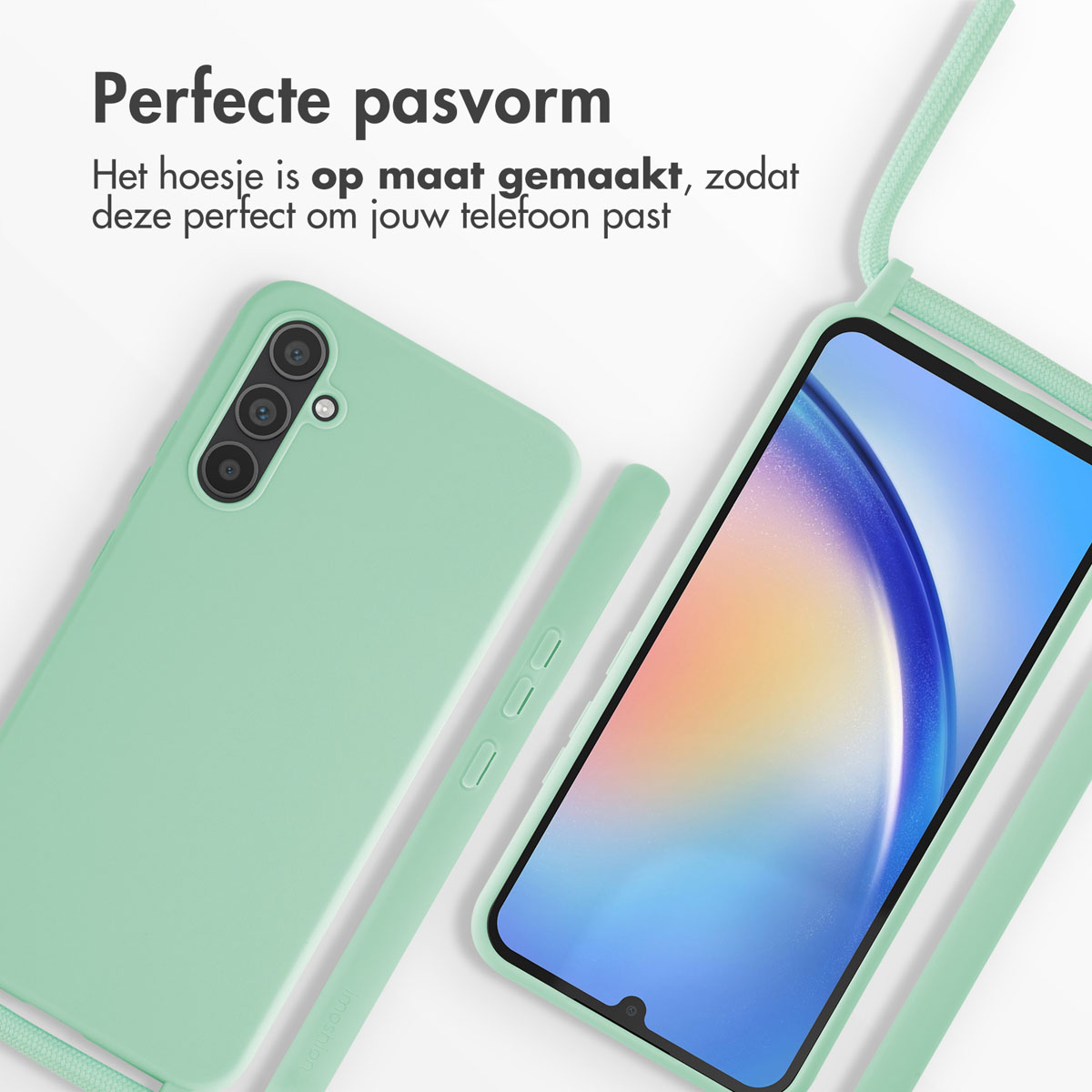 Groene telefoonhoes en smartphone met band op witte achtergrond.