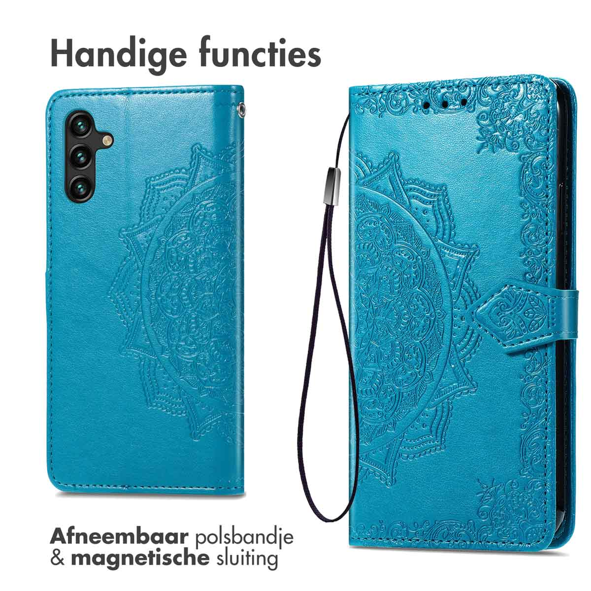 Twee turquoise telefoonhoesjes met mandalapatroon. Eén toont de achterkant, de ander de voorkant.
