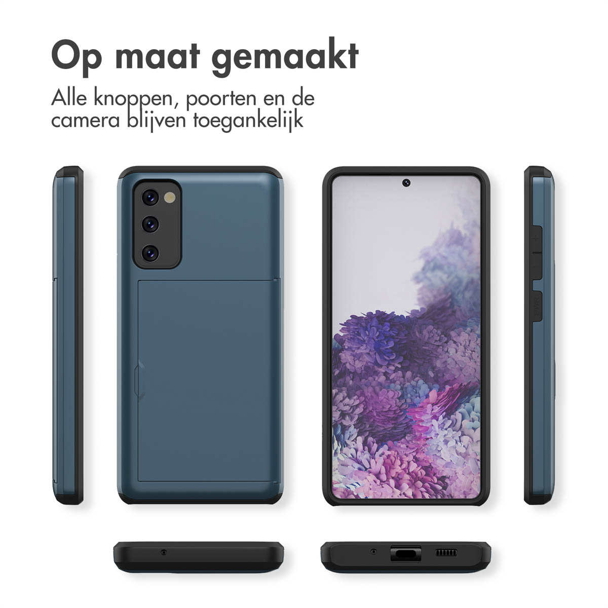 Een smartphone in een blauwe hoes, van meerdere kanten getoond.