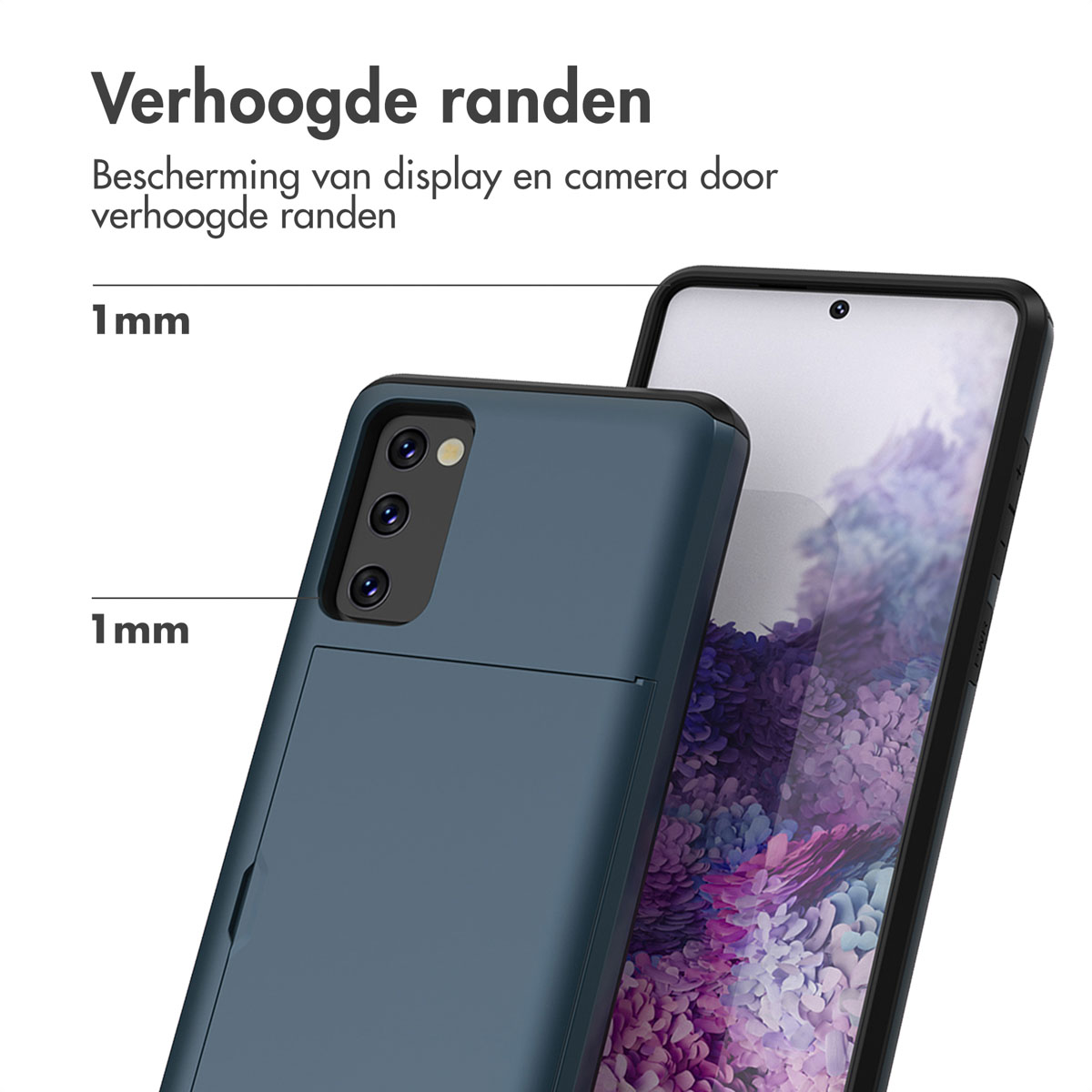 Telefoonhoesje met verhoogde randen. Beschermt het scherm en de camera. De telefoon zit in de case.