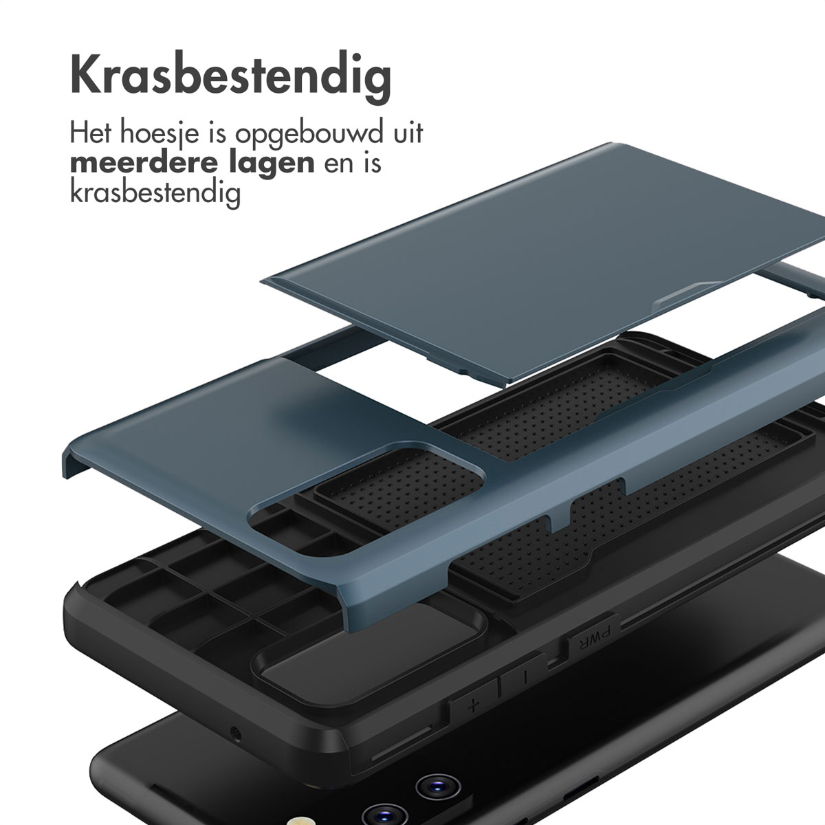 Telefoonhoesje gedemonteerd, lagen tonend. Blauwe bovenkant, zwarte midden en zwarte telefoon. Krasbestendig.