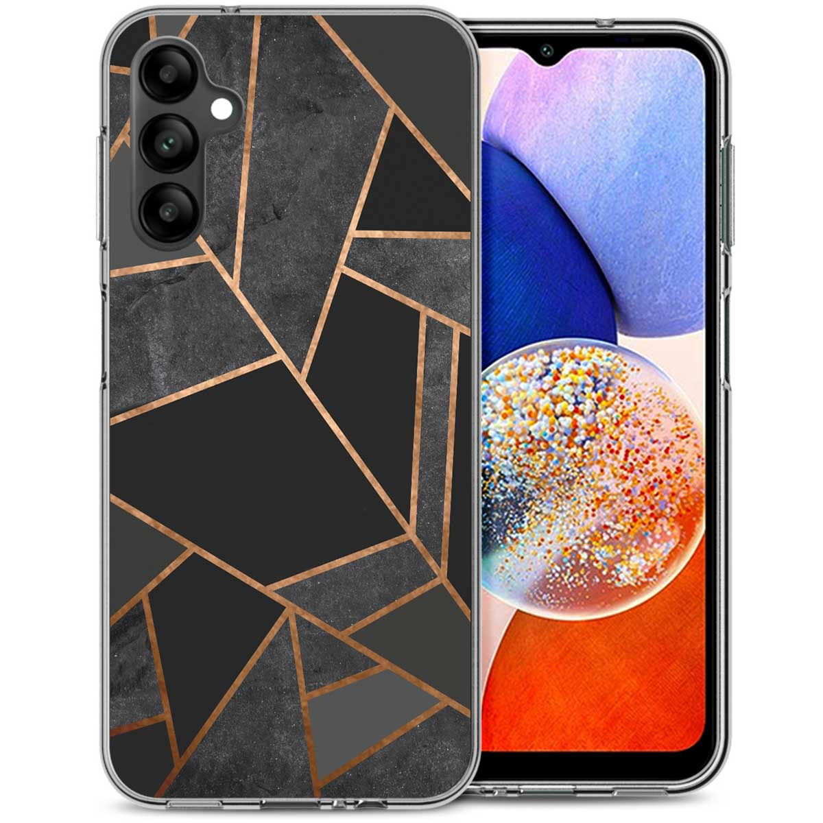 Telefoonhoesje met een geometrisch patroon. De hoes zit op een telefoon.