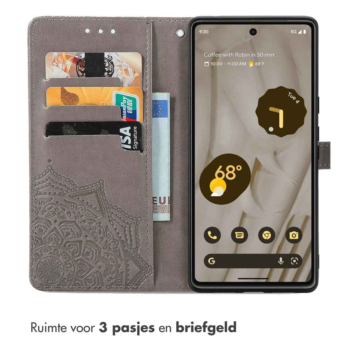 Coque de téléphone grise avec un motif mandala, ouverte montrant des cartes et un téléphone à droite.