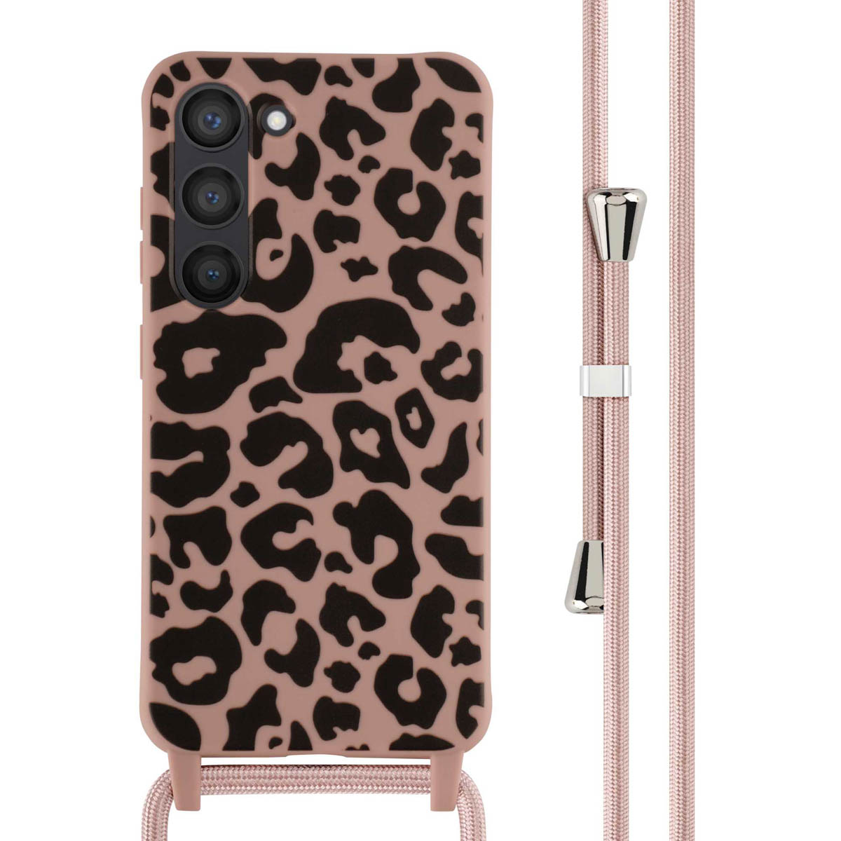 Een roze telefoonhoesje met een luipaardpatroon en een roze telefoonriem die naar beneden hangt.