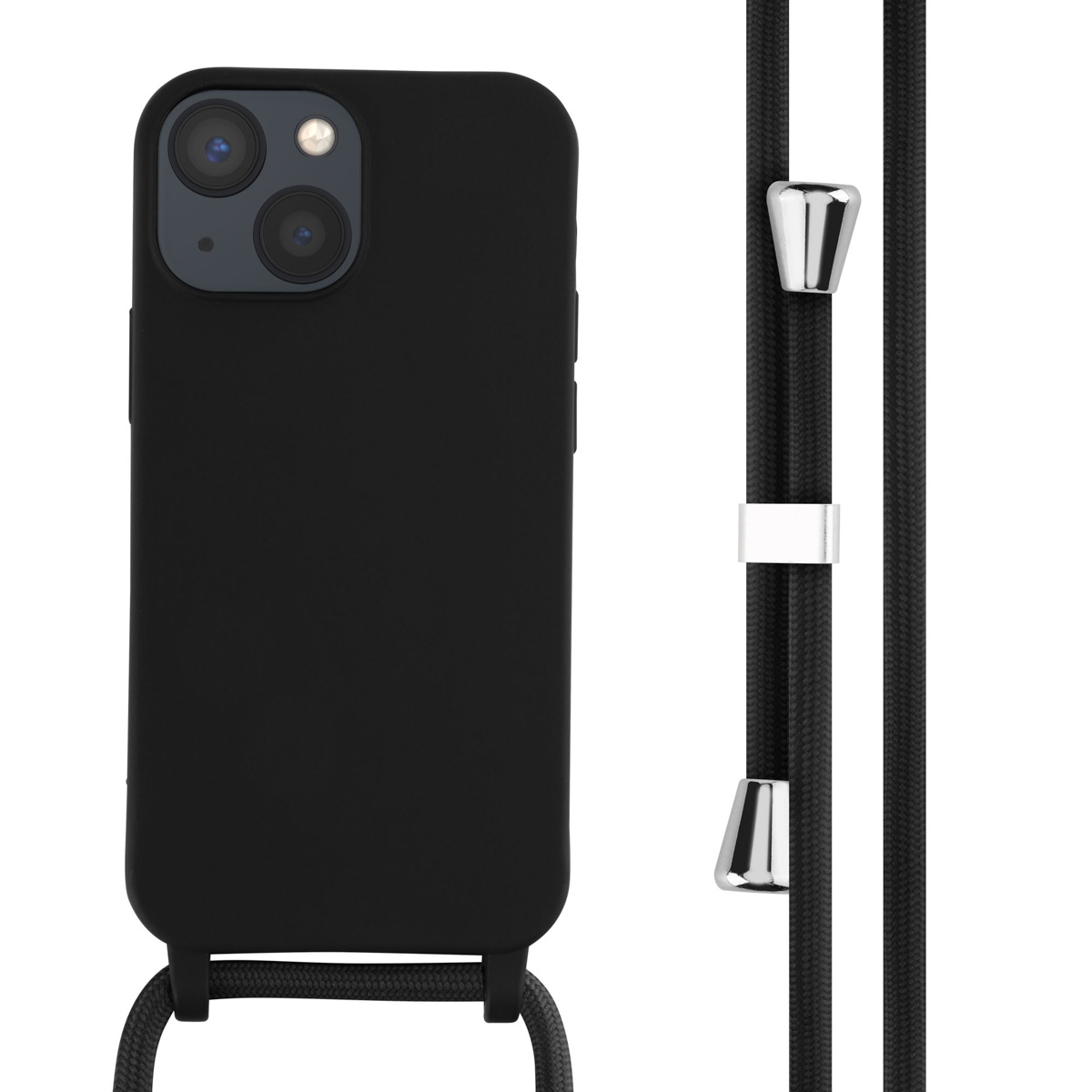 Zwarte telefoonhoes met zwarte band en zilveren accenten.