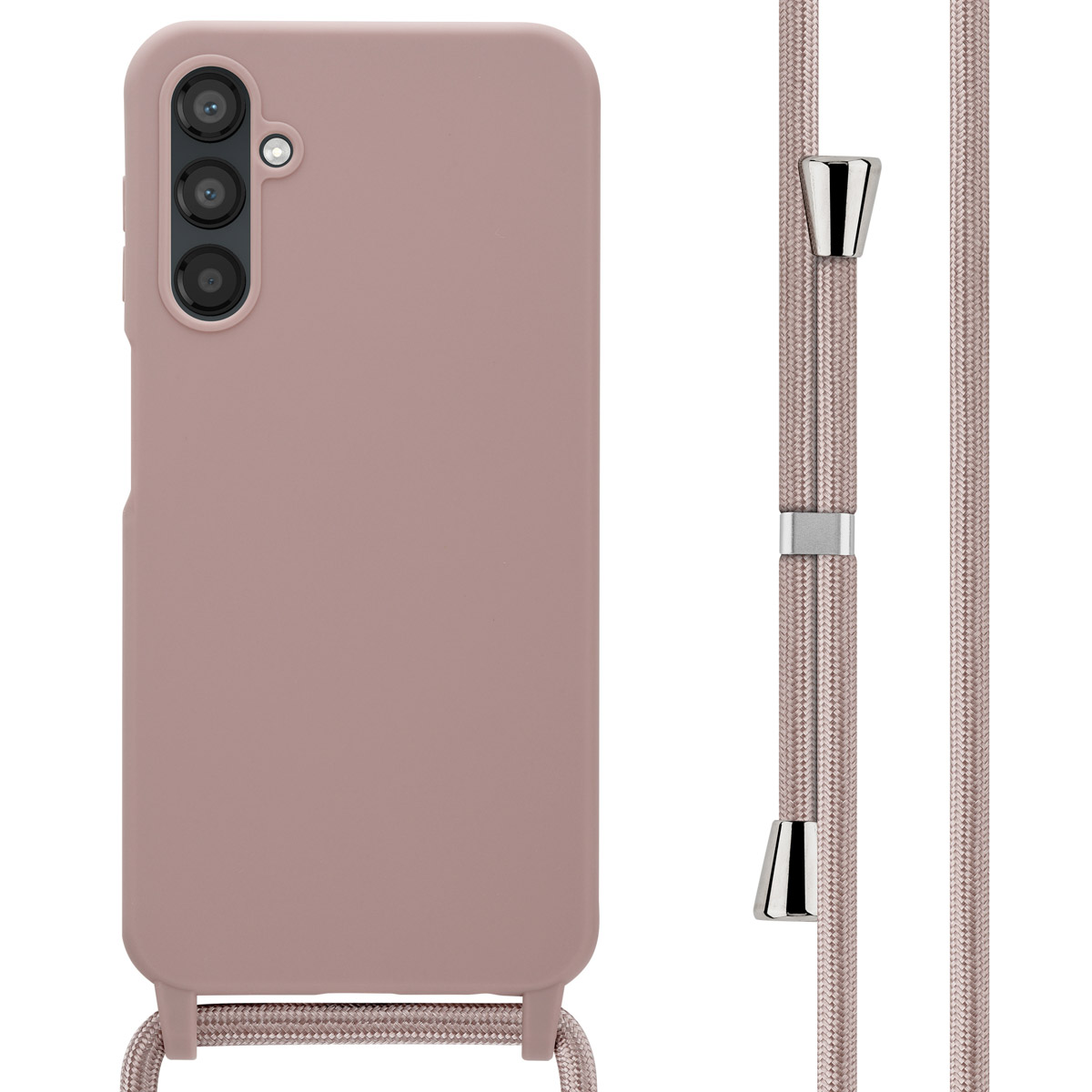 Roze telefoonhoesje met koord. De hoes heeft drie cameralenzen.