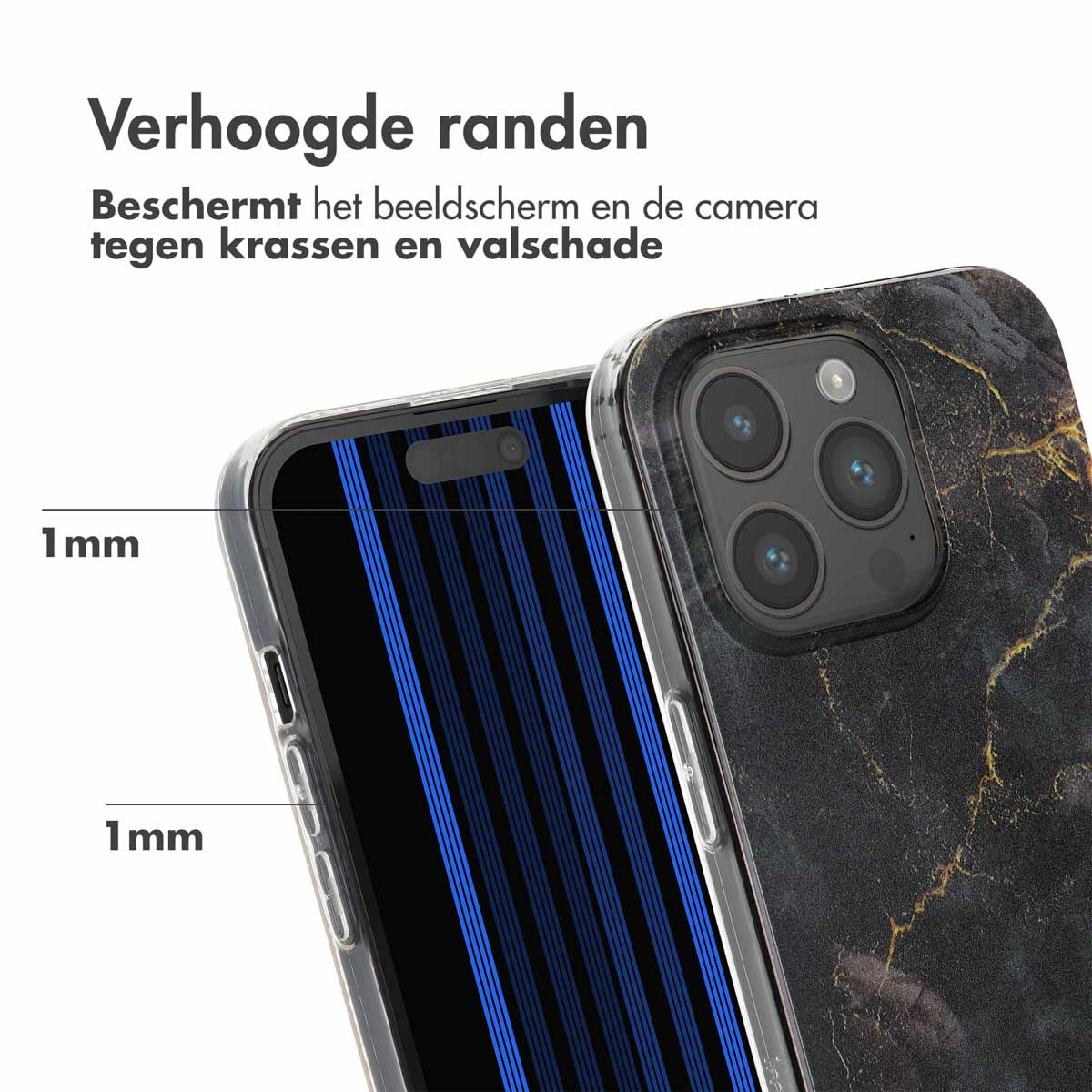 Un téléphone noir à motif marbre avec bords surélevés.