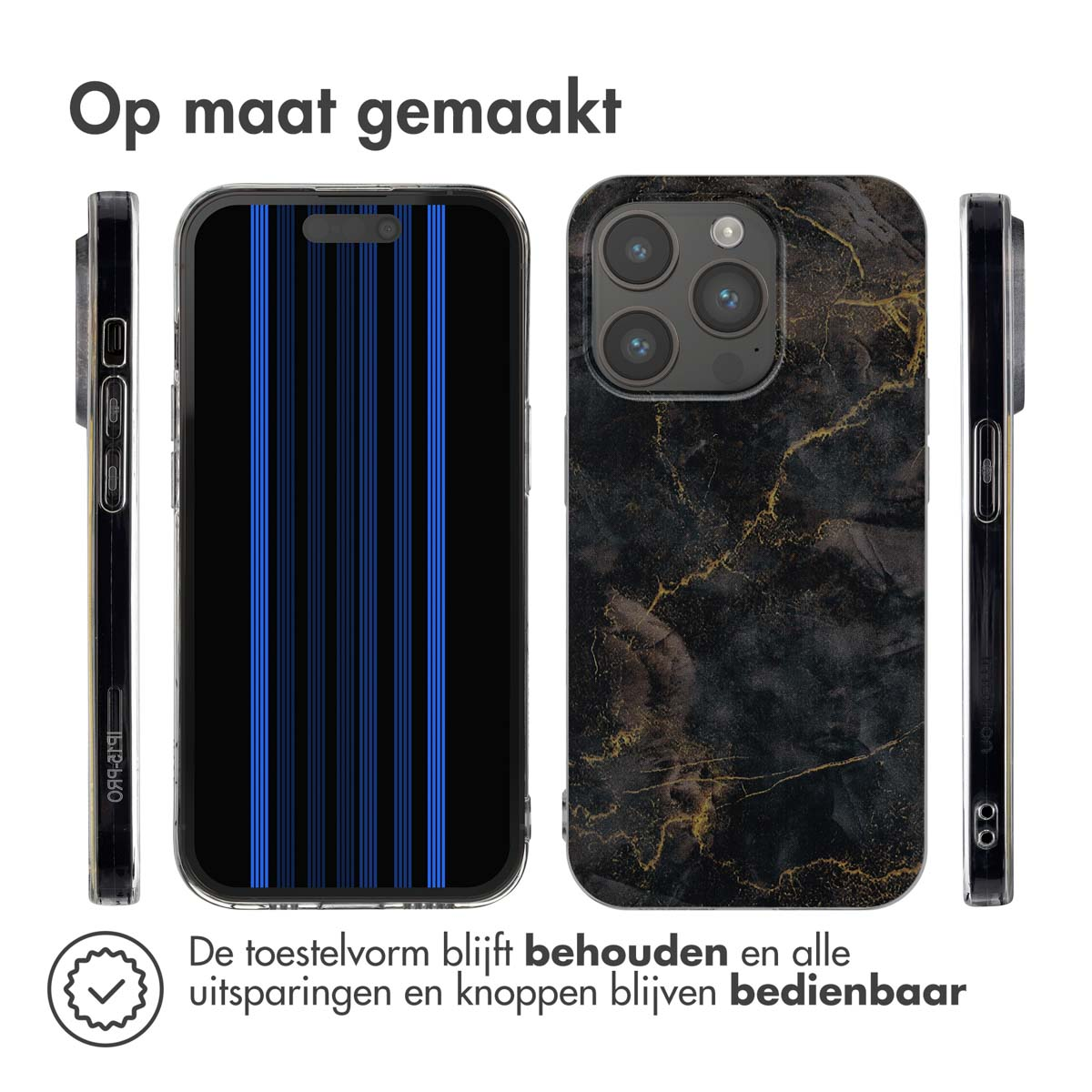 Trois coques de téléphone: une à rayures bleues, une à motif marbre, une de côté.