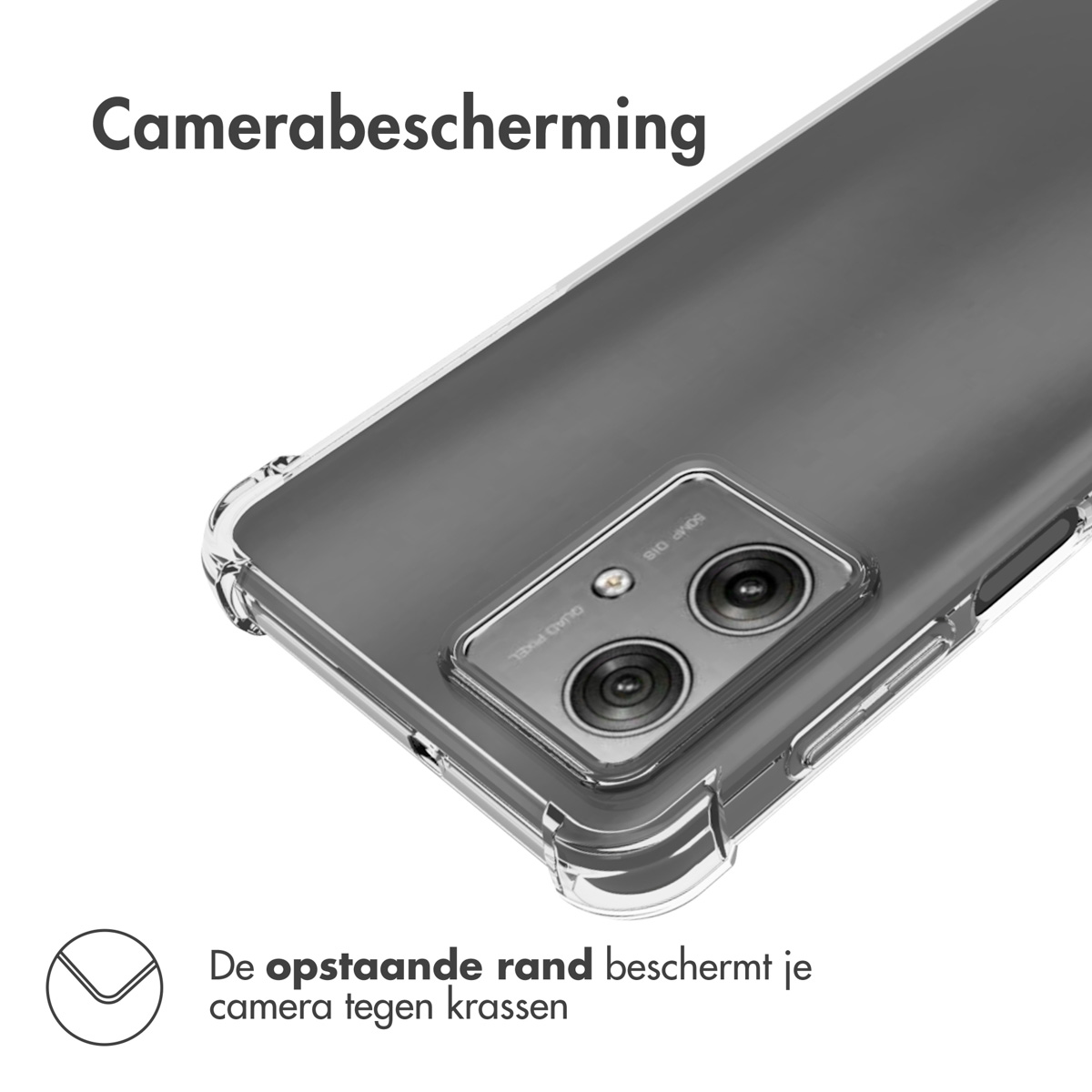 Custodia trasparente per telefono con fotocamera. La custodia ha un bordo rialzato per proteggere la fotocamera.