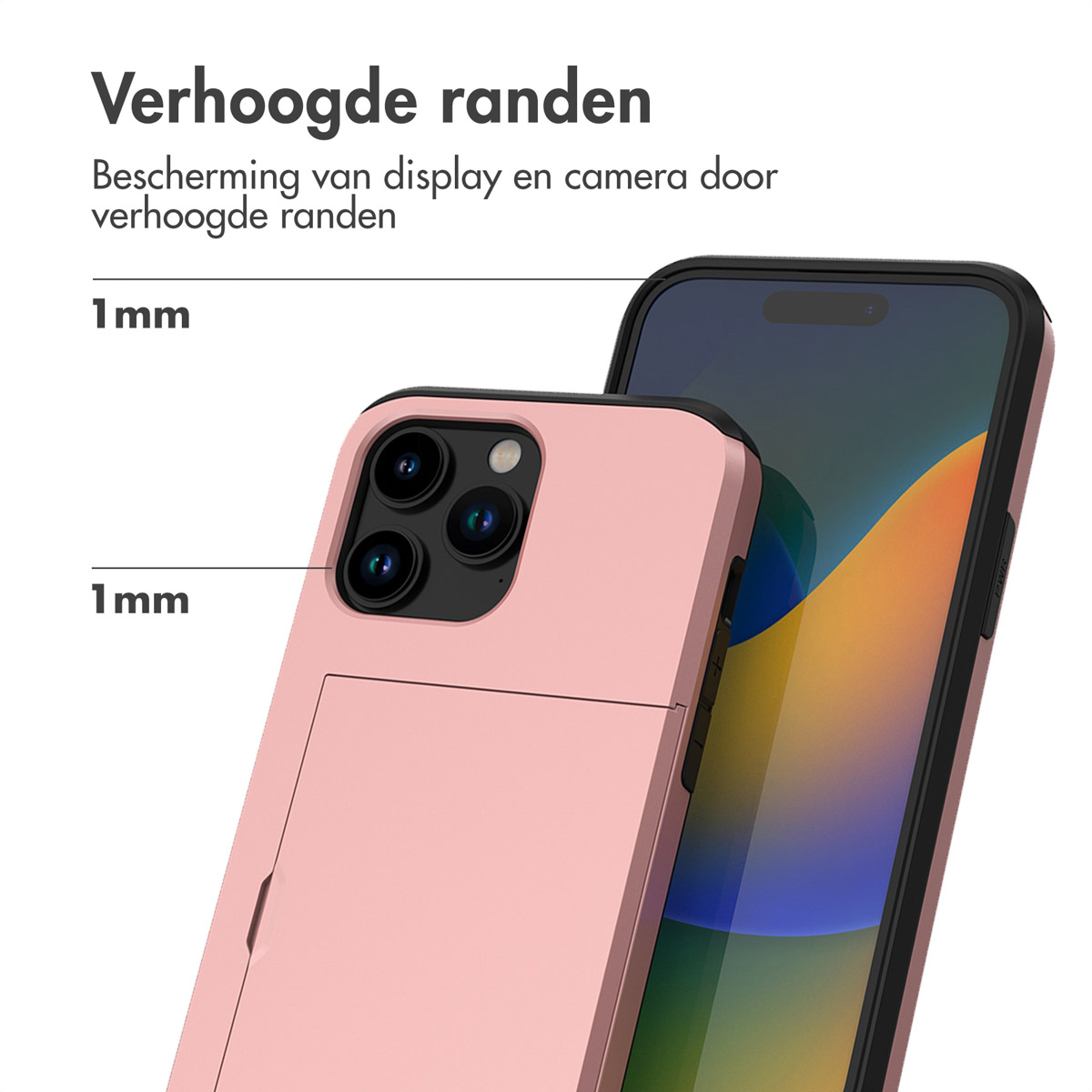 Una custodia rosa per telefono con protezione fotocamera e bordo rialzato 1mm.