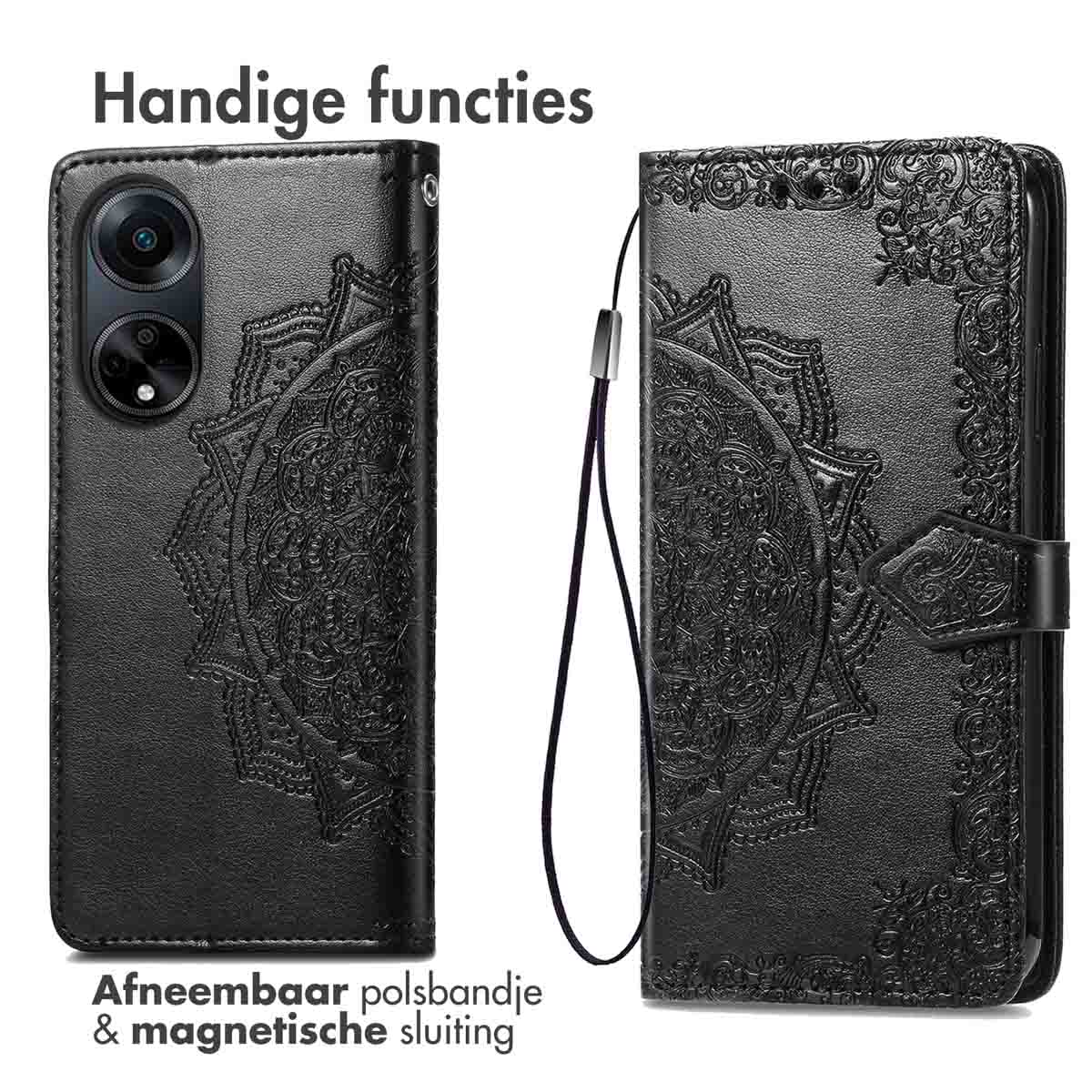 Deux étuis de téléphone noirs, dont un ouvert. Les deux montrent un design orné. Le fond est clair.