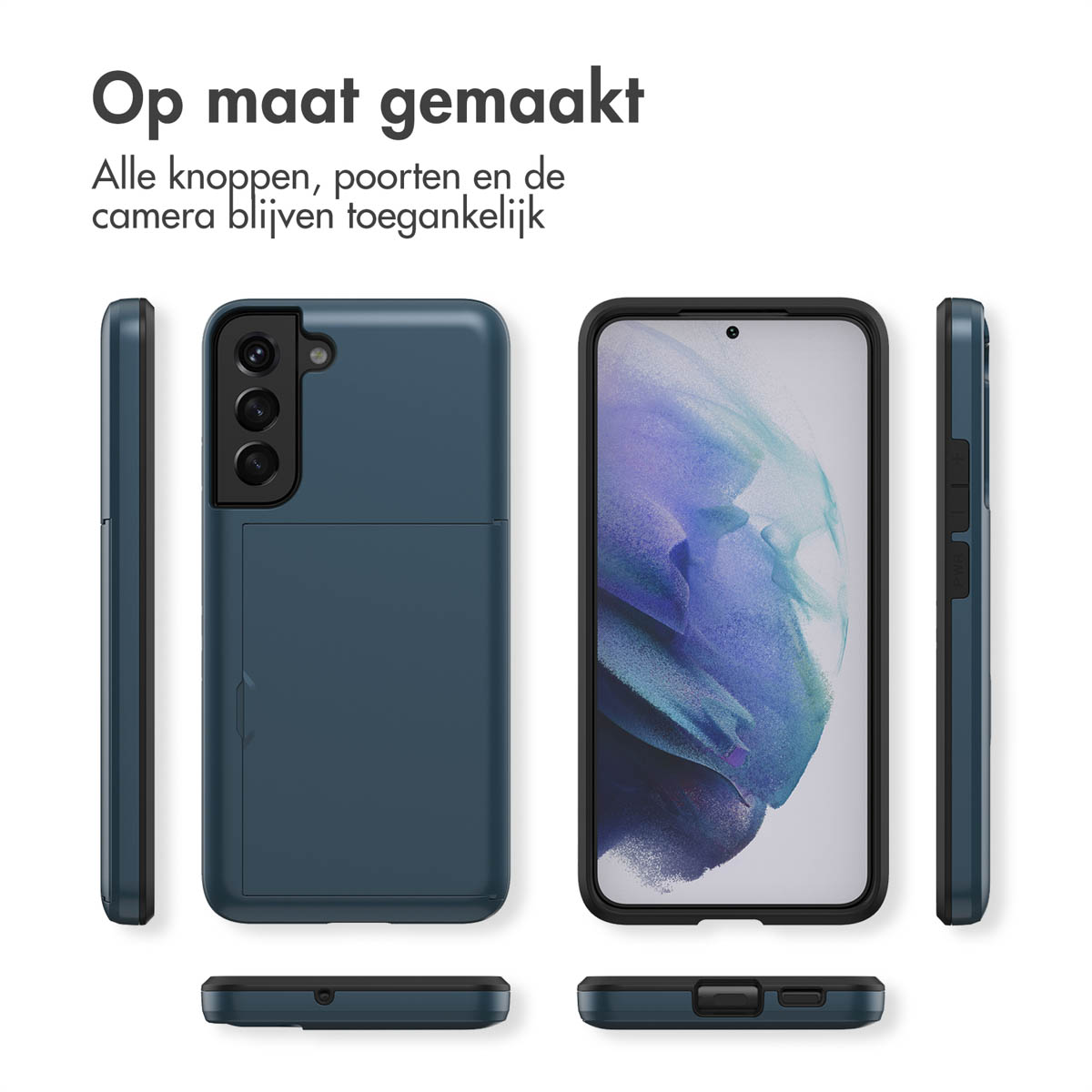 Drie weergaven van een donkerblauwe telefoonhoes met kaarthouder en een smartphone.