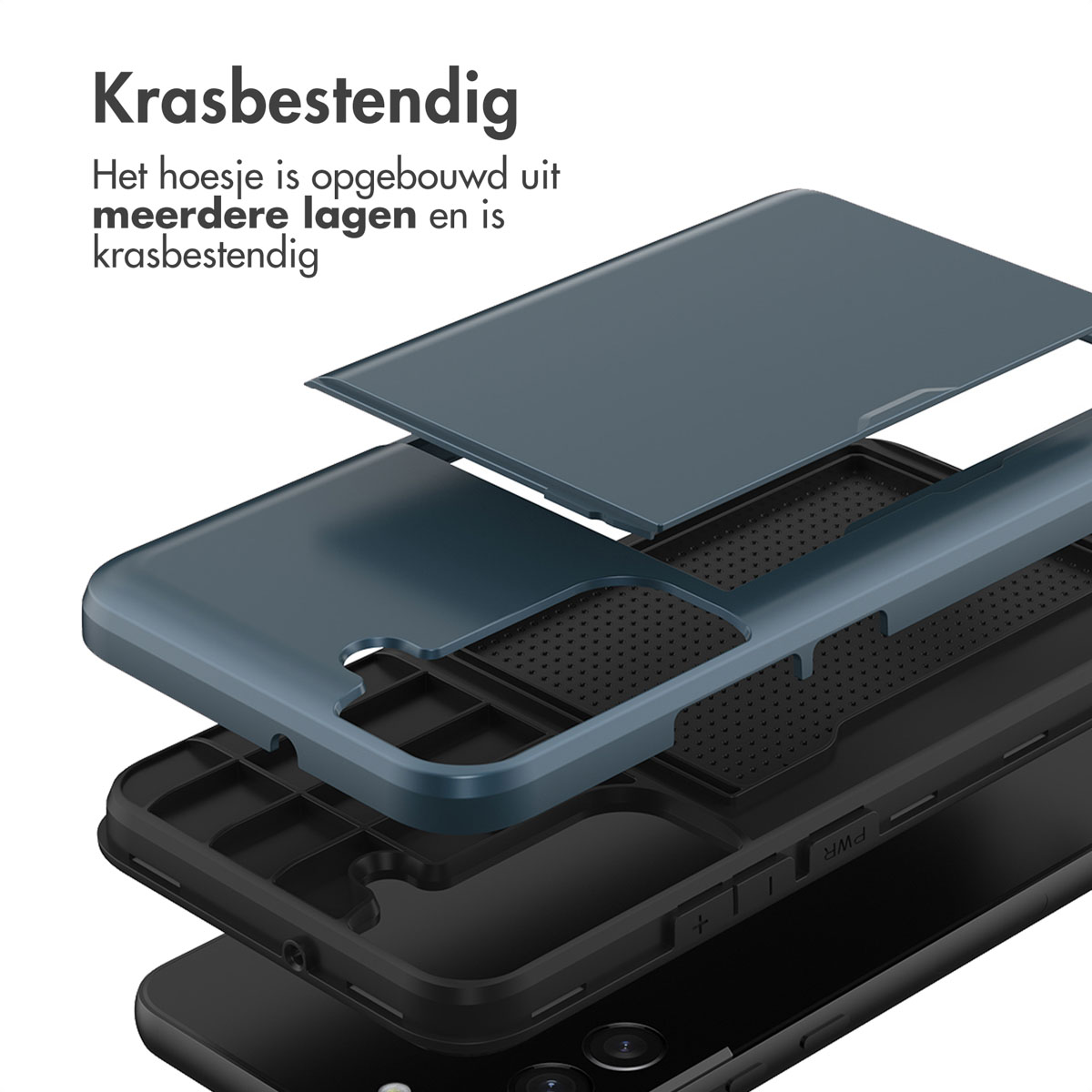Explosie weergave van een donkerblauwe, meerlaagse telefoonhoes op een zwarte smartphone.